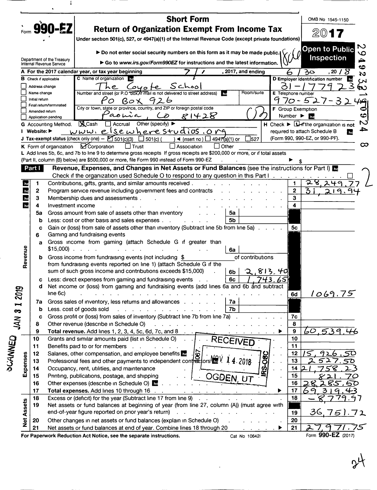 Image of first page of 2017 Form 990EZ for The Coyote School