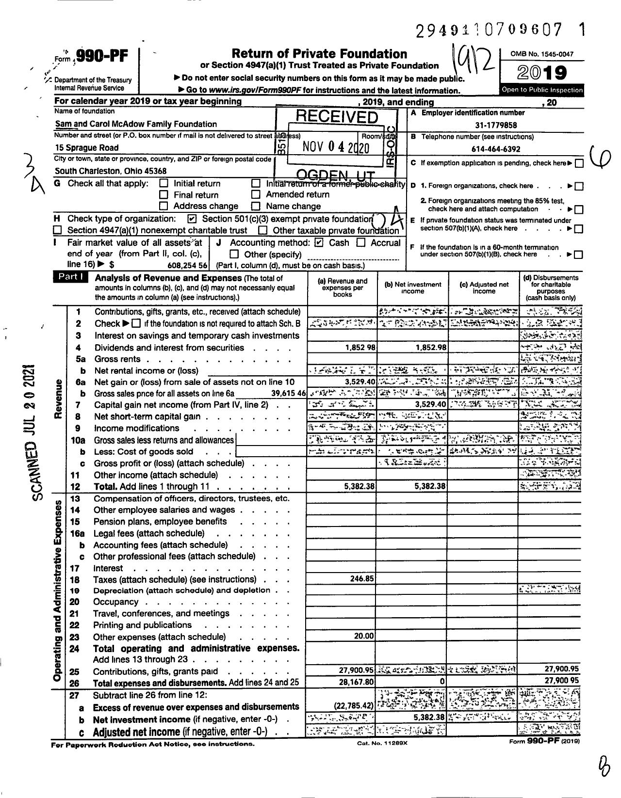 Image of first page of 2019 Form 990PF for Sam and Carol Mcadow Family Foundation