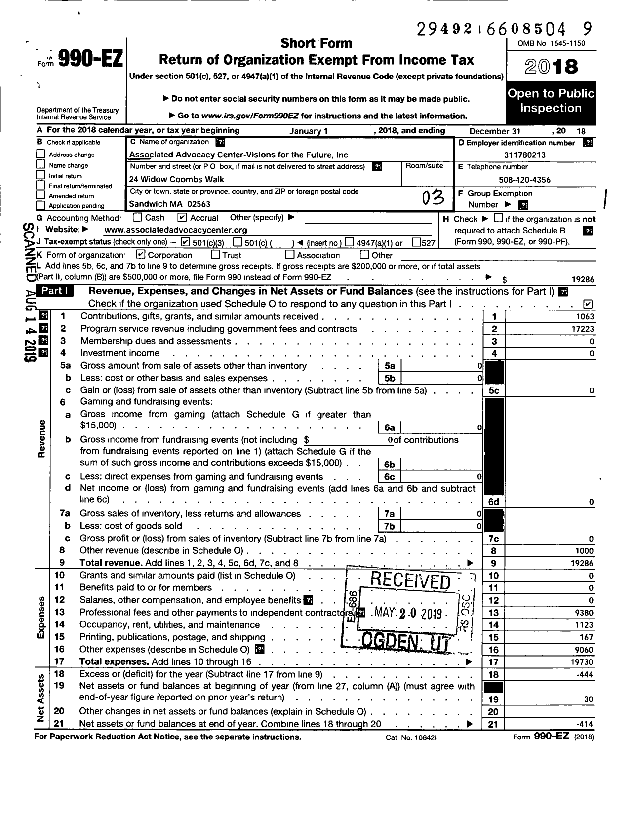 Image of first page of 2018 Form 990EZ for Associated Advocacy Center-Visions for the Future