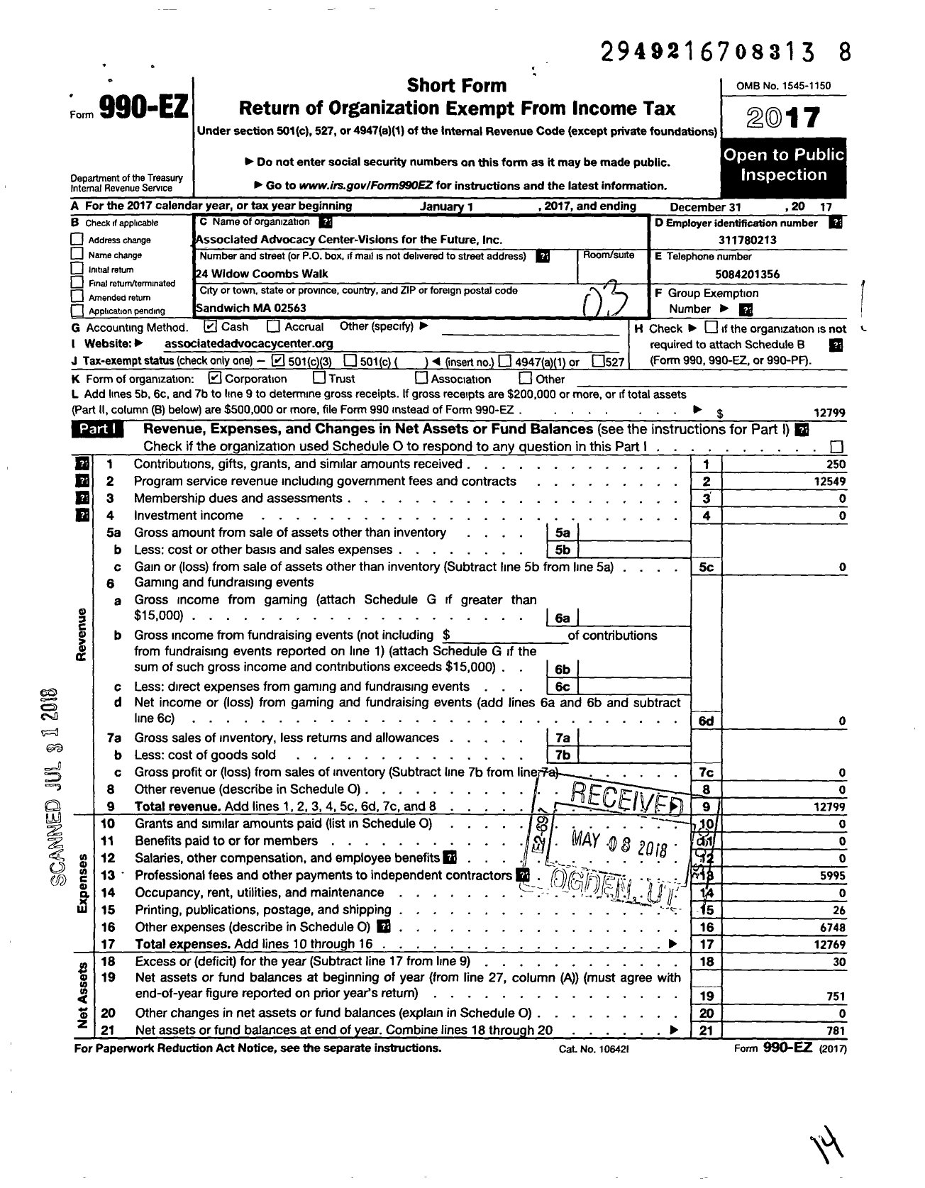 Image of first page of 2017 Form 990EZ for Associated Advocacy Center-Visions for the Future