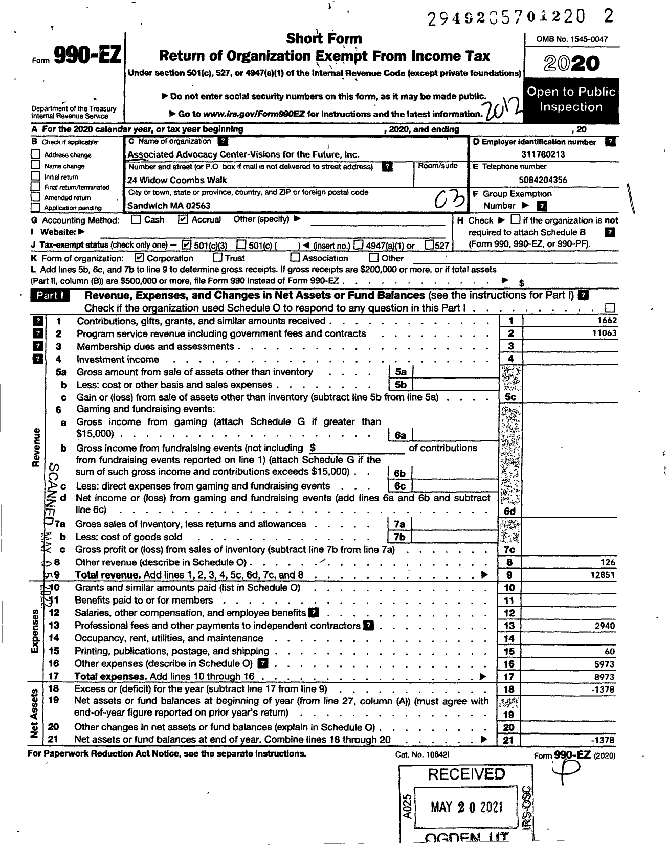 Image of first page of 2020 Form 990EZ for Associated Advocacy Center-Visions for the Future