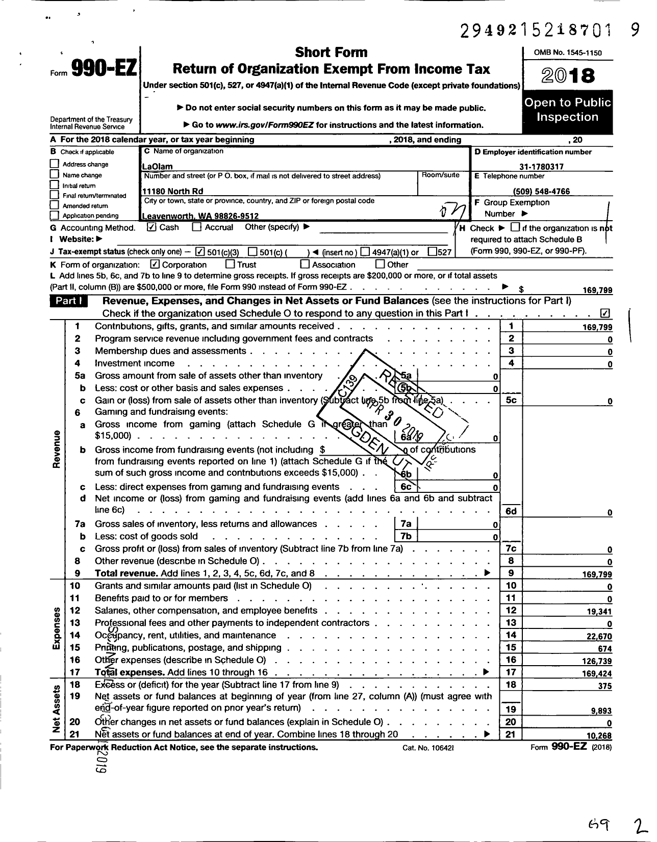 Image of first page of 2018 Form 990EZ for LaOlam