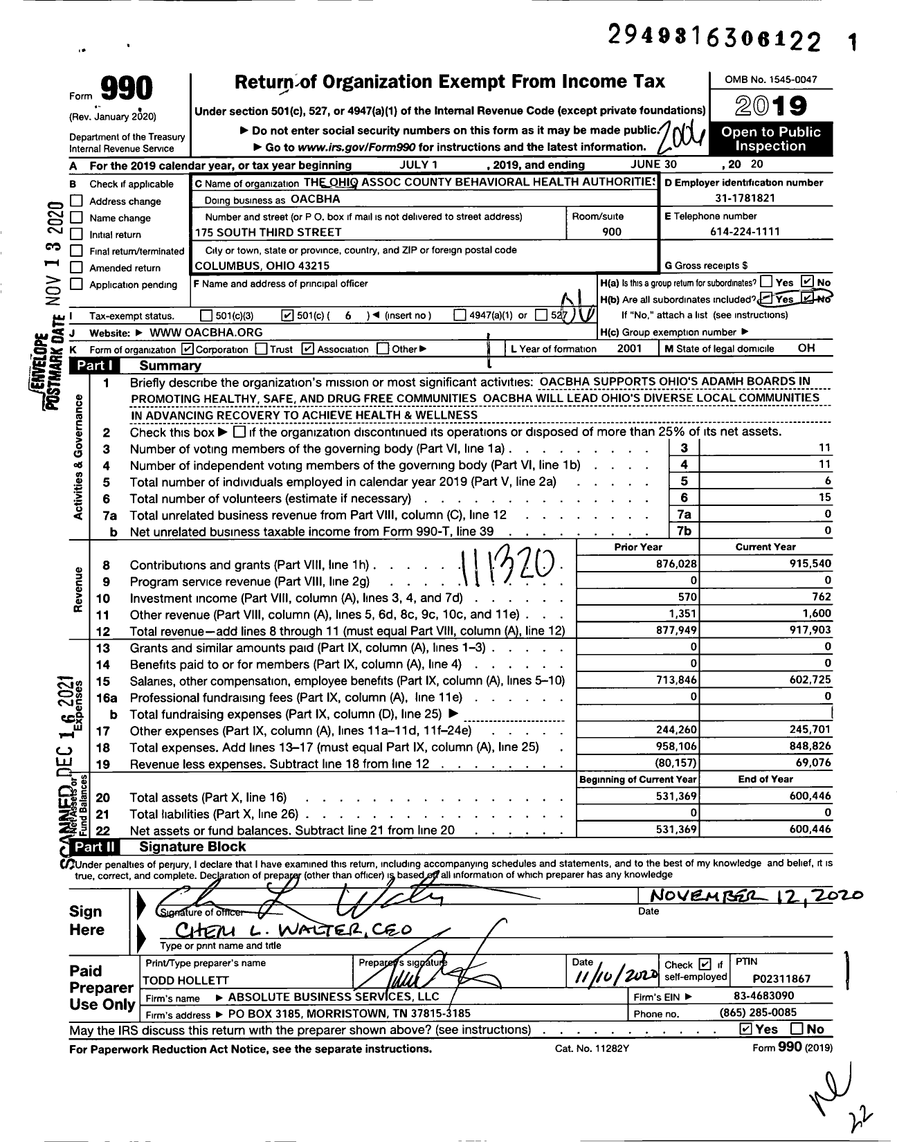 Image of first page of 2019 Form 990O for Ohio Association of County Behavioral Health Authorities (OACBHA)