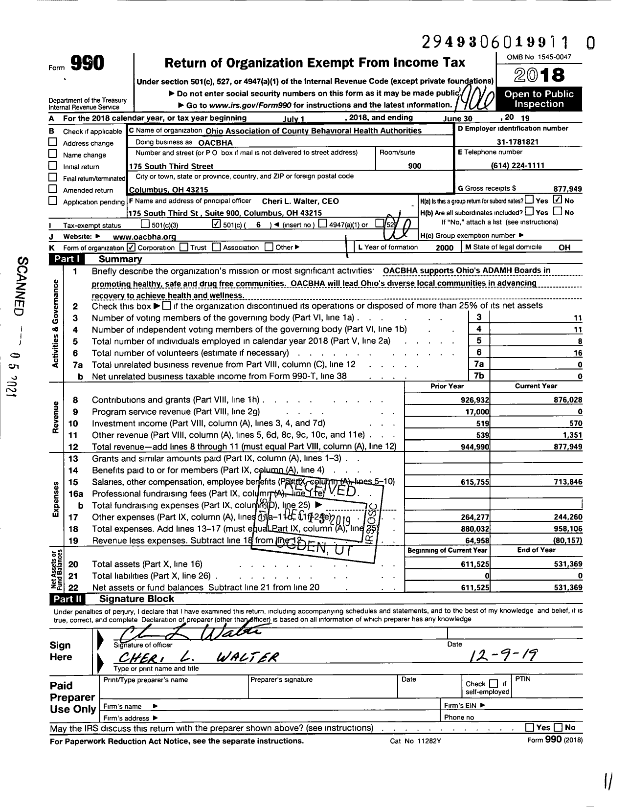 Image of first page of 2018 Form 990O for Ohio Association of County Behavioral Health Authorities (OACBHA)