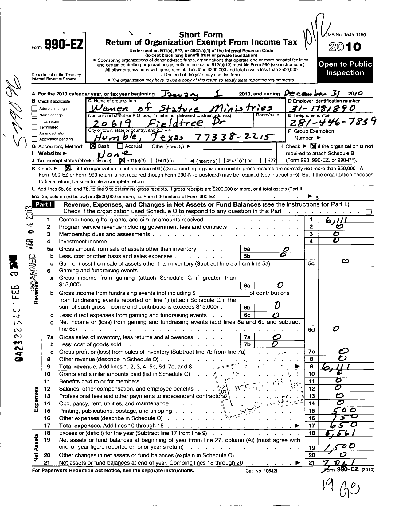 Image of first page of 2010 Form 990EZ for Women of Stature Ministries