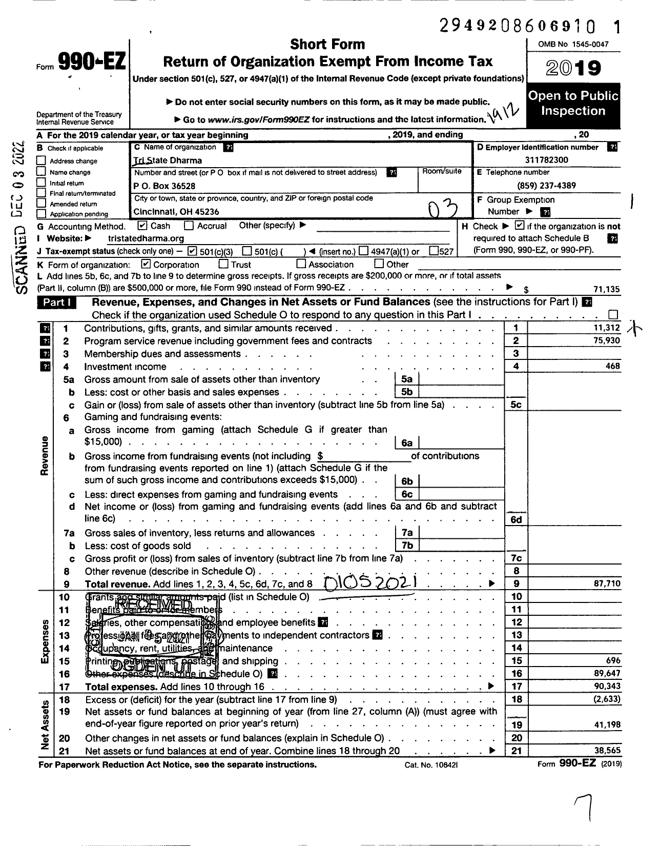 Image of first page of 2019 Form 990EZ for Tri-State Dharma