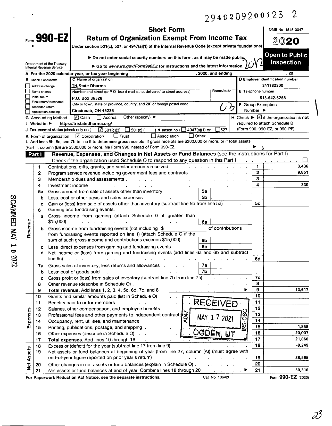 Image of first page of 2020 Form 990EZ for Tri-State Dharma