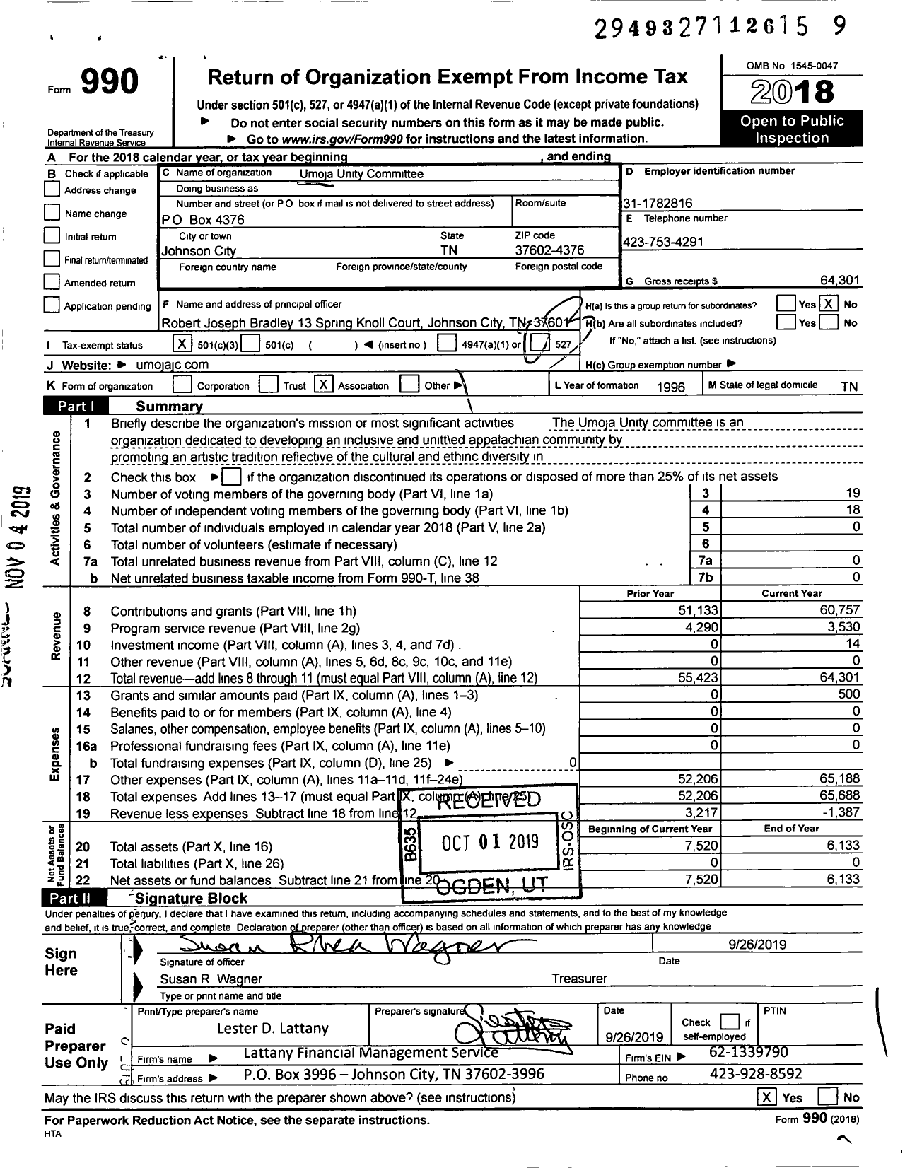 Image of first page of 2018 Form 990 for Umoja Unity Committee