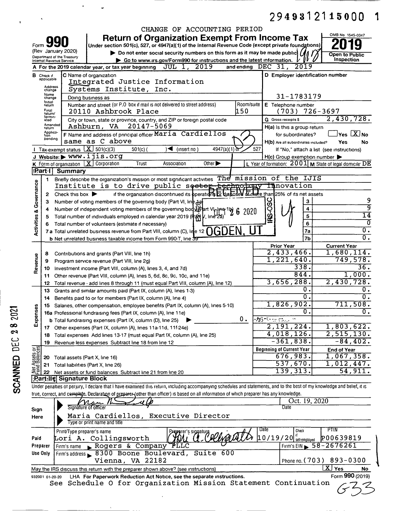 Image of first page of 2019 Form 990 for Integrated Justice Information Systems Institute