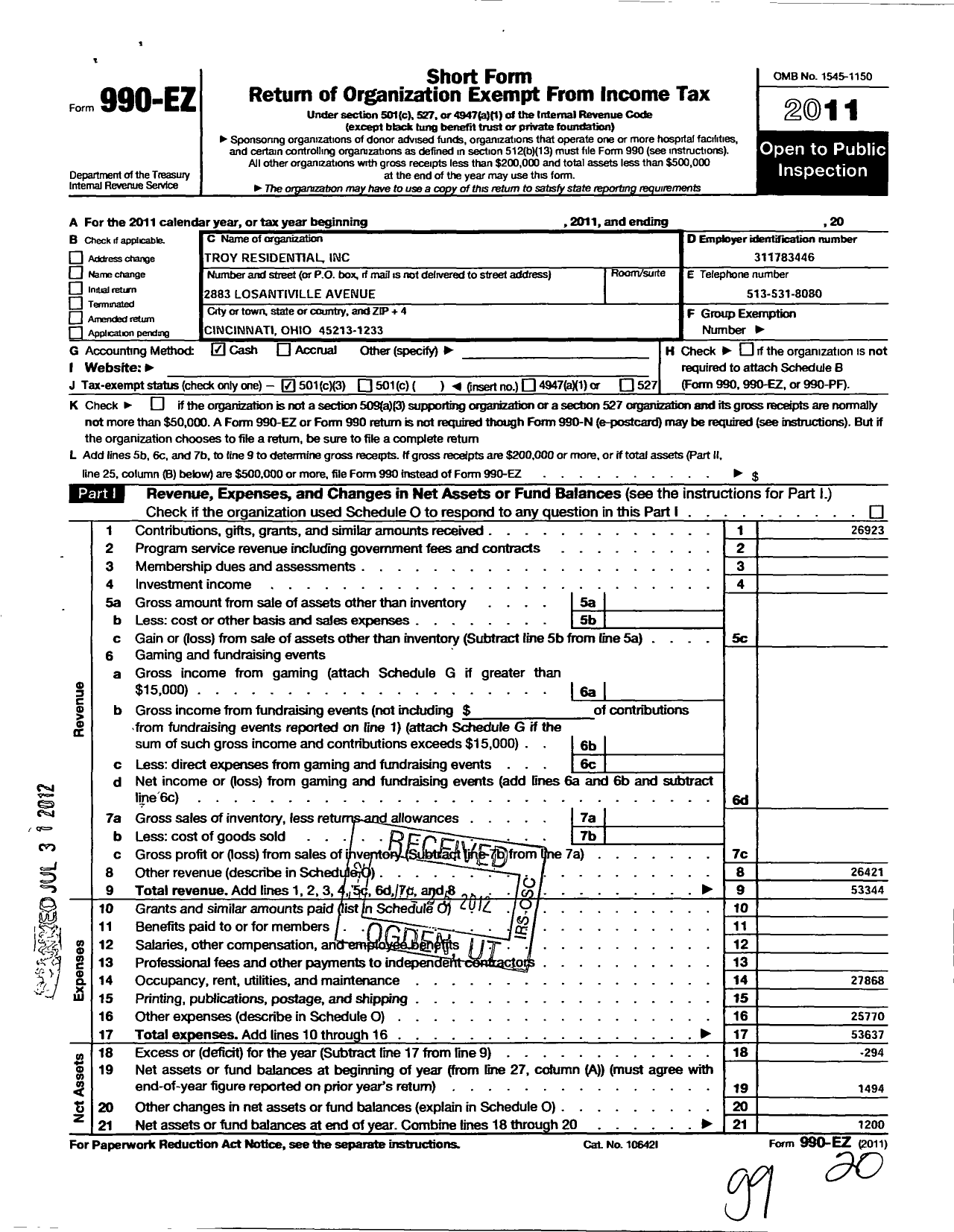 Image of first page of 2011 Form 990EZ for Troy Residential
