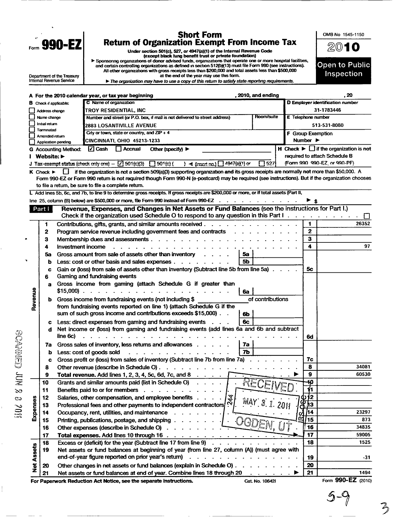 Image of first page of 2010 Form 990EZ for Troy Residential