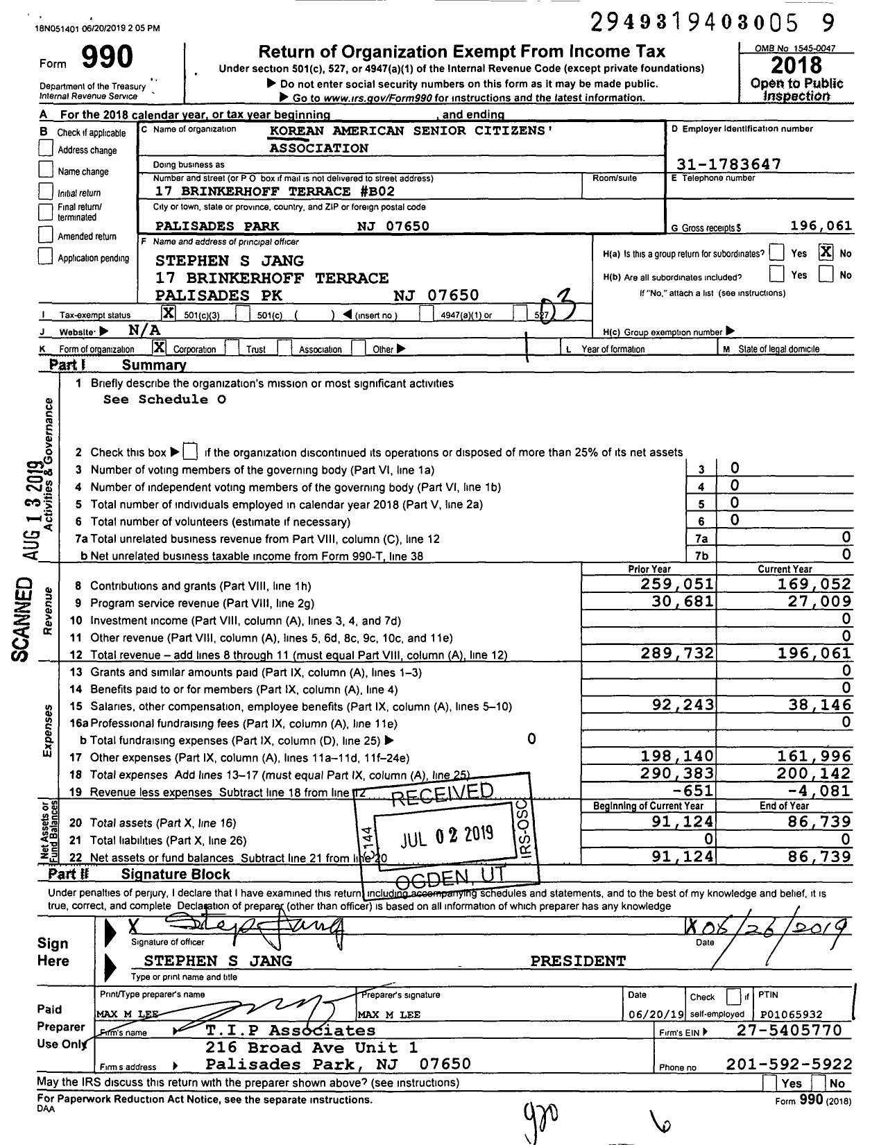 Image of first page of 2018 Form 990 for Korean American Senior Citizens' Association