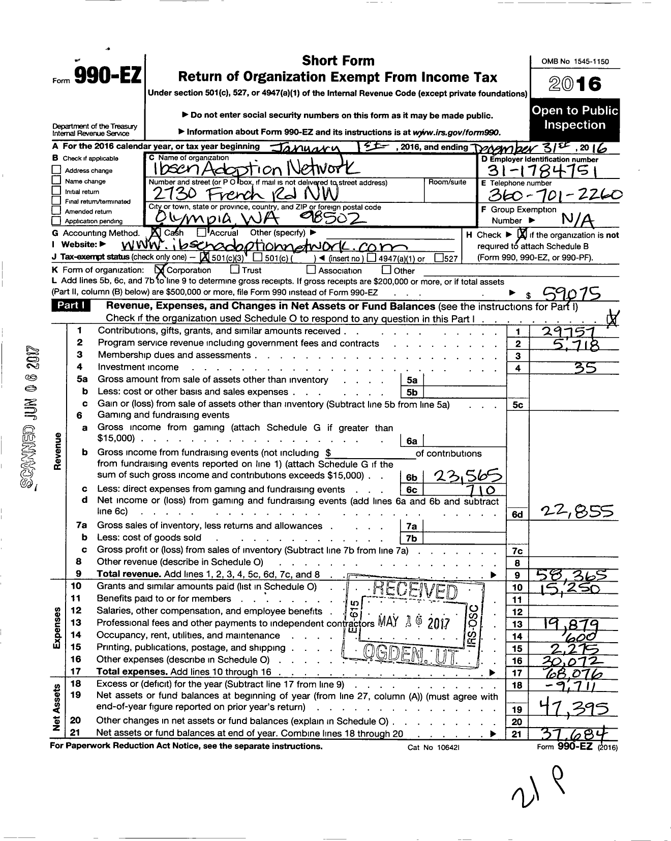 Image of first page of 2016 Form 990EZ for Ibsen Family Support Network