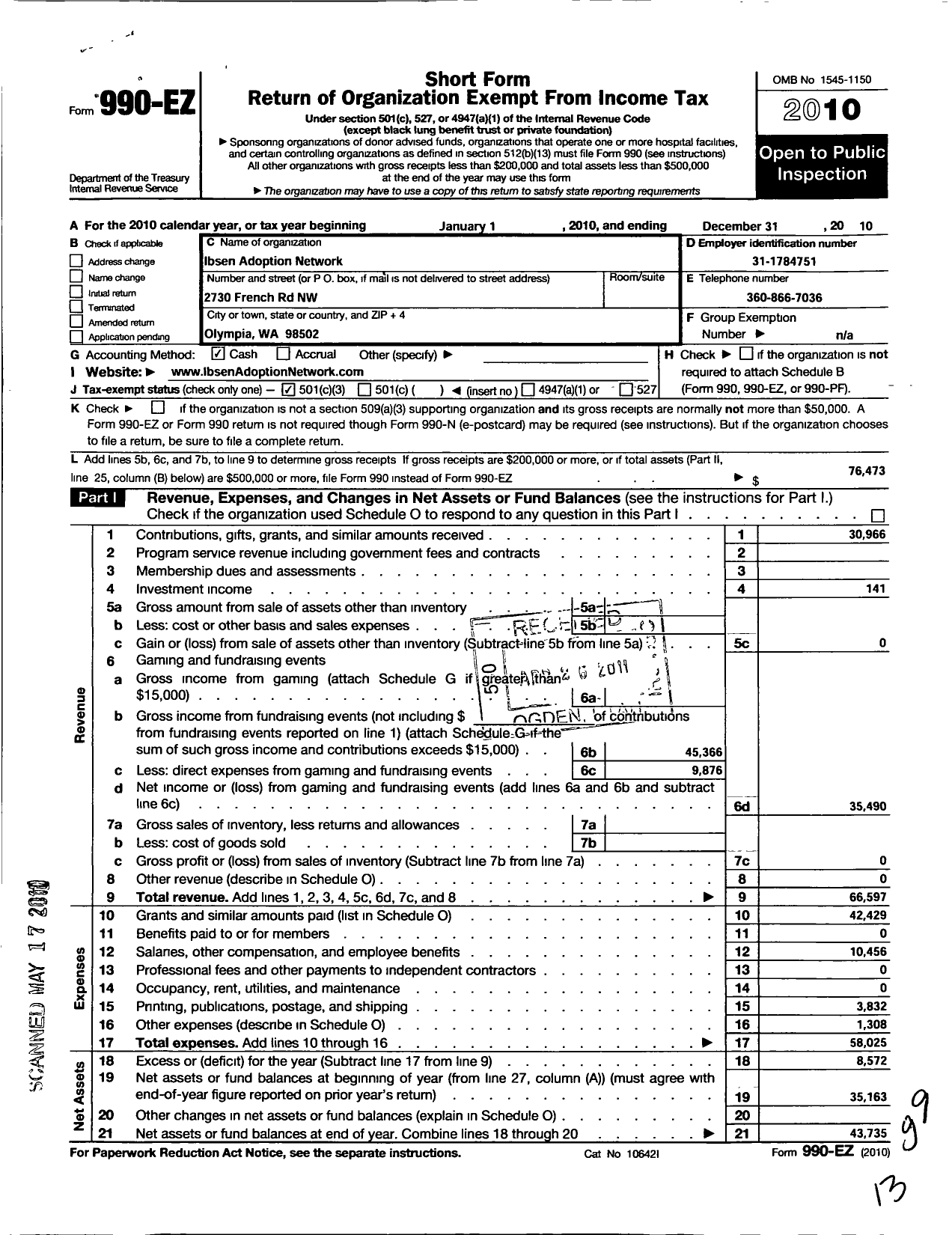 Image of first page of 2010 Form 990EZ for Ibsen Family Support Network
