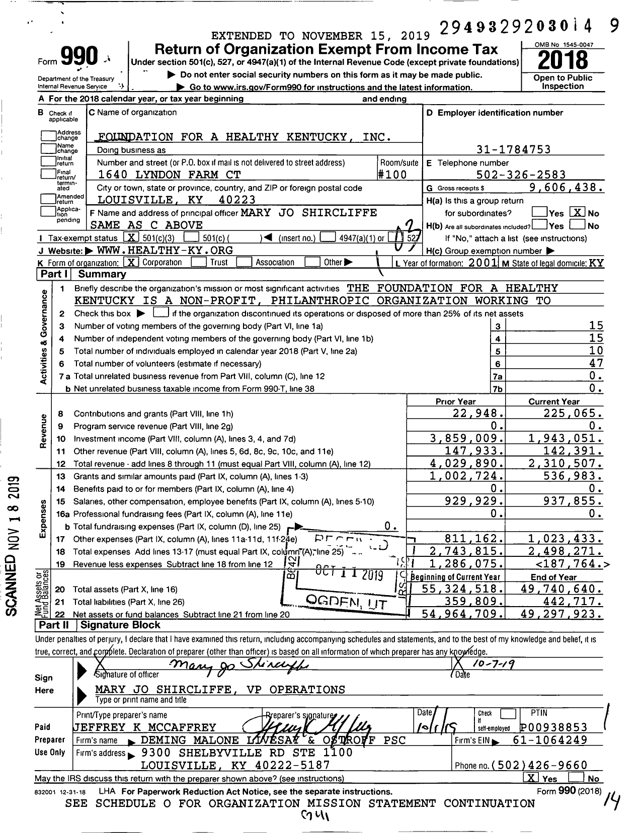 Image of first page of 2018 Form 990 for Foundation for A Healthy Kentucky