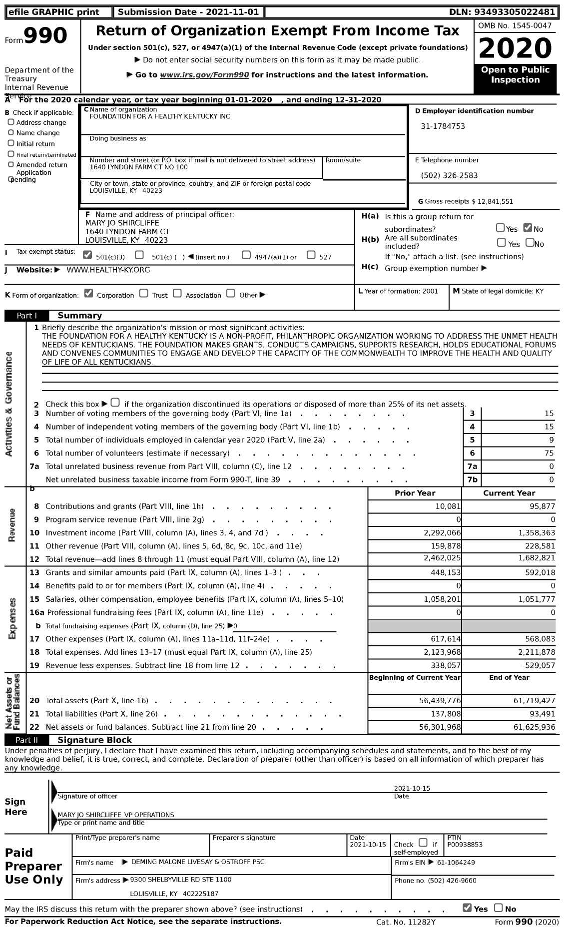 Image of first page of 2020 Form 990 for Foundation for A Healthy Kentucky