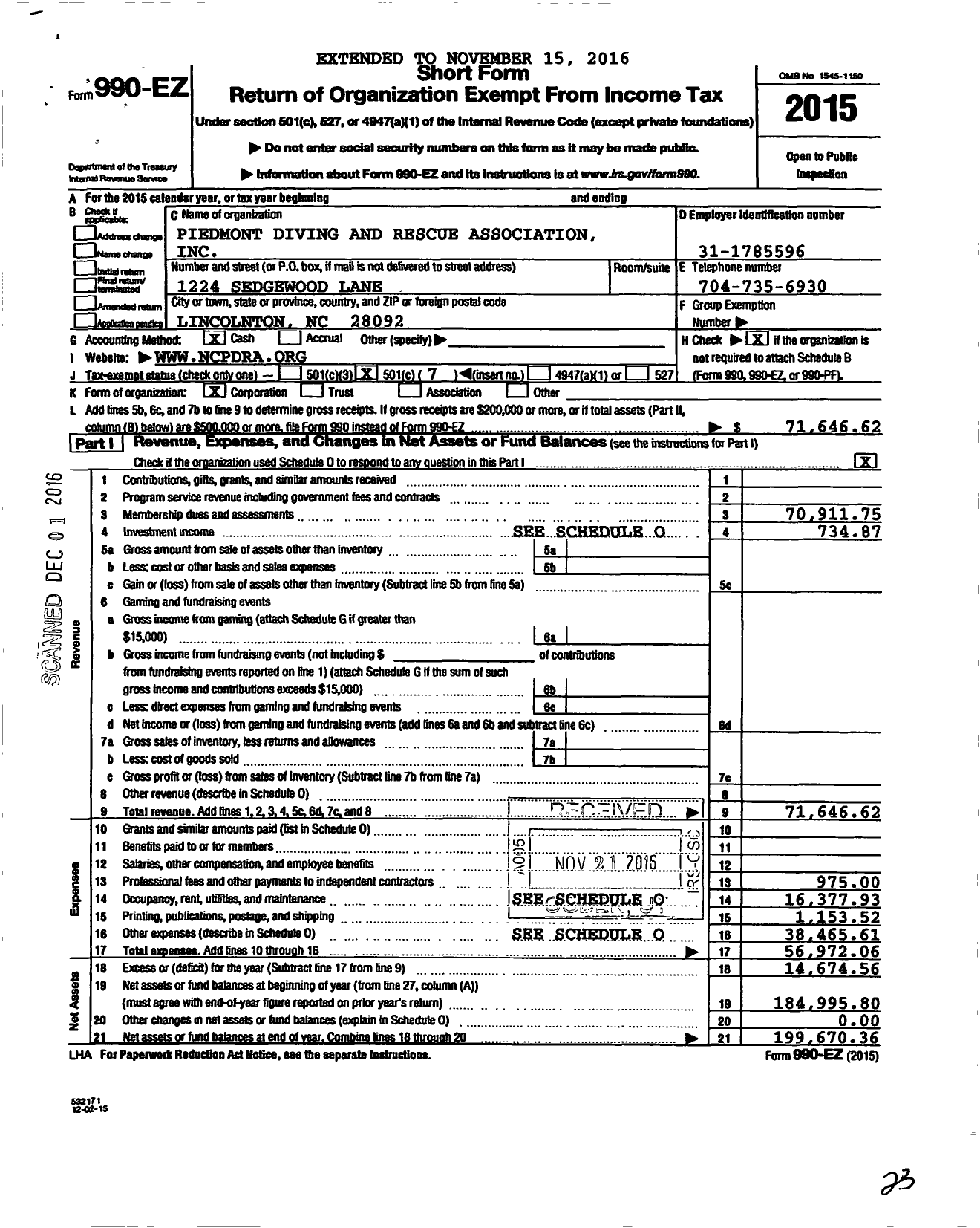 Image of first page of 2015 Form 990EO for Piedmont Diving and Rescue Association