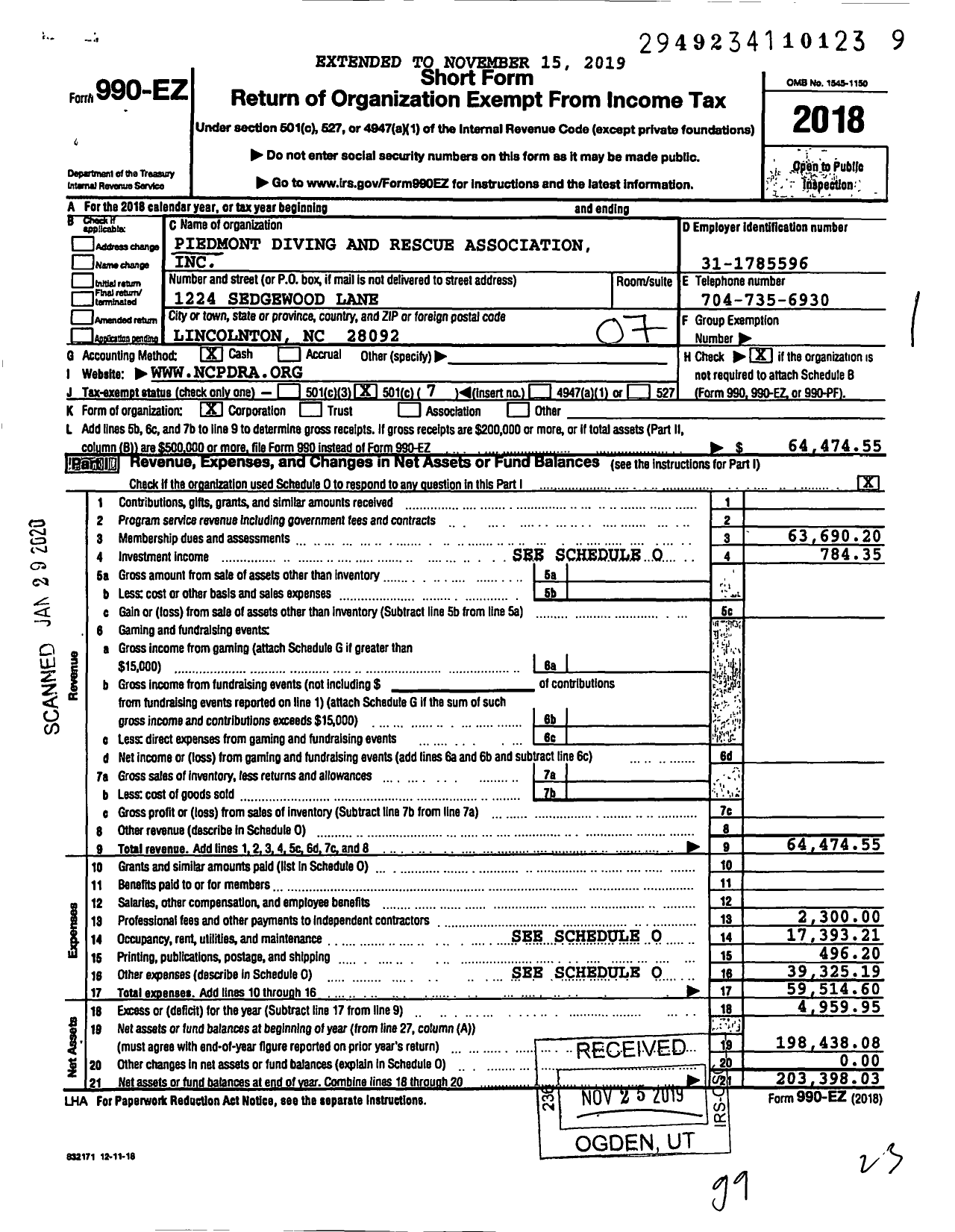 Image of first page of 2018 Form 990EO for Piedmont Diving and Rescue Association