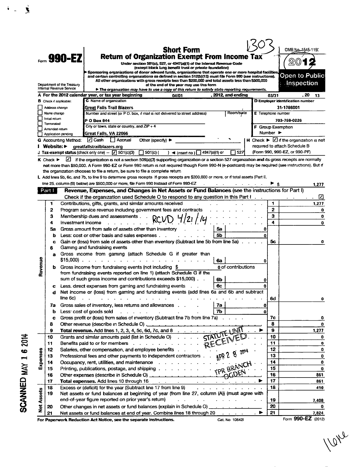 Image of first page of 2012 Form 990EZ for Great Falls Trail Blazers