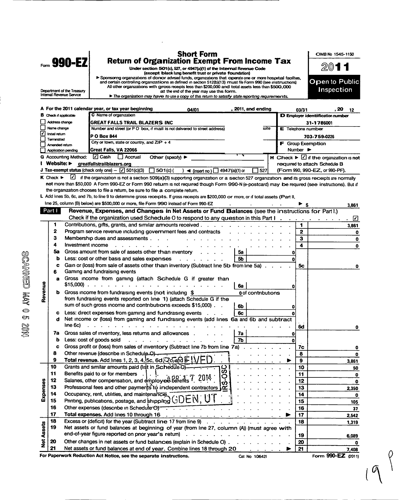 Image of first page of 2011 Form 990EZ for Great Falls Trail Blazers