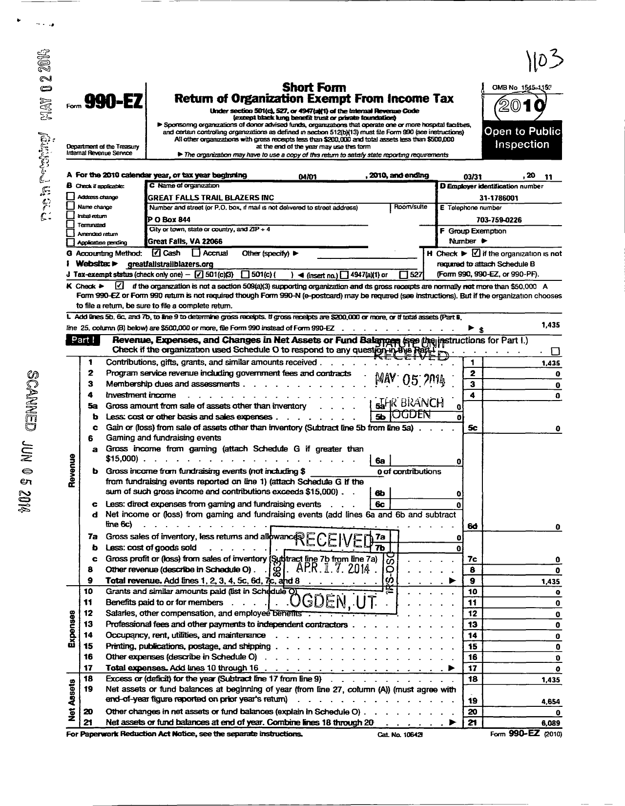 Image of first page of 2010 Form 990EZ for Great Falls Trail Blazers