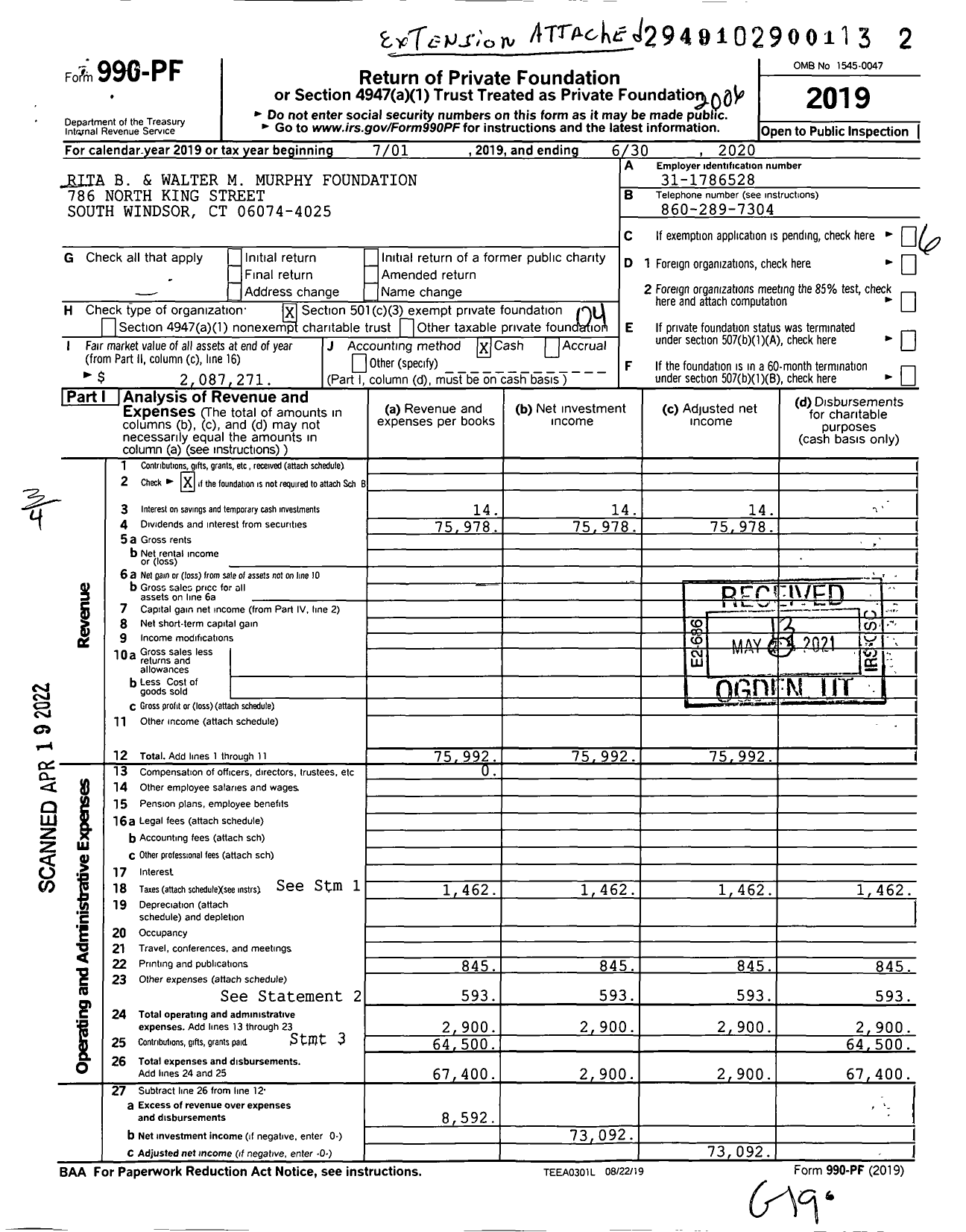 Image of first page of 2019 Form 990PF for Rita B and Walter M Murphy Foundation