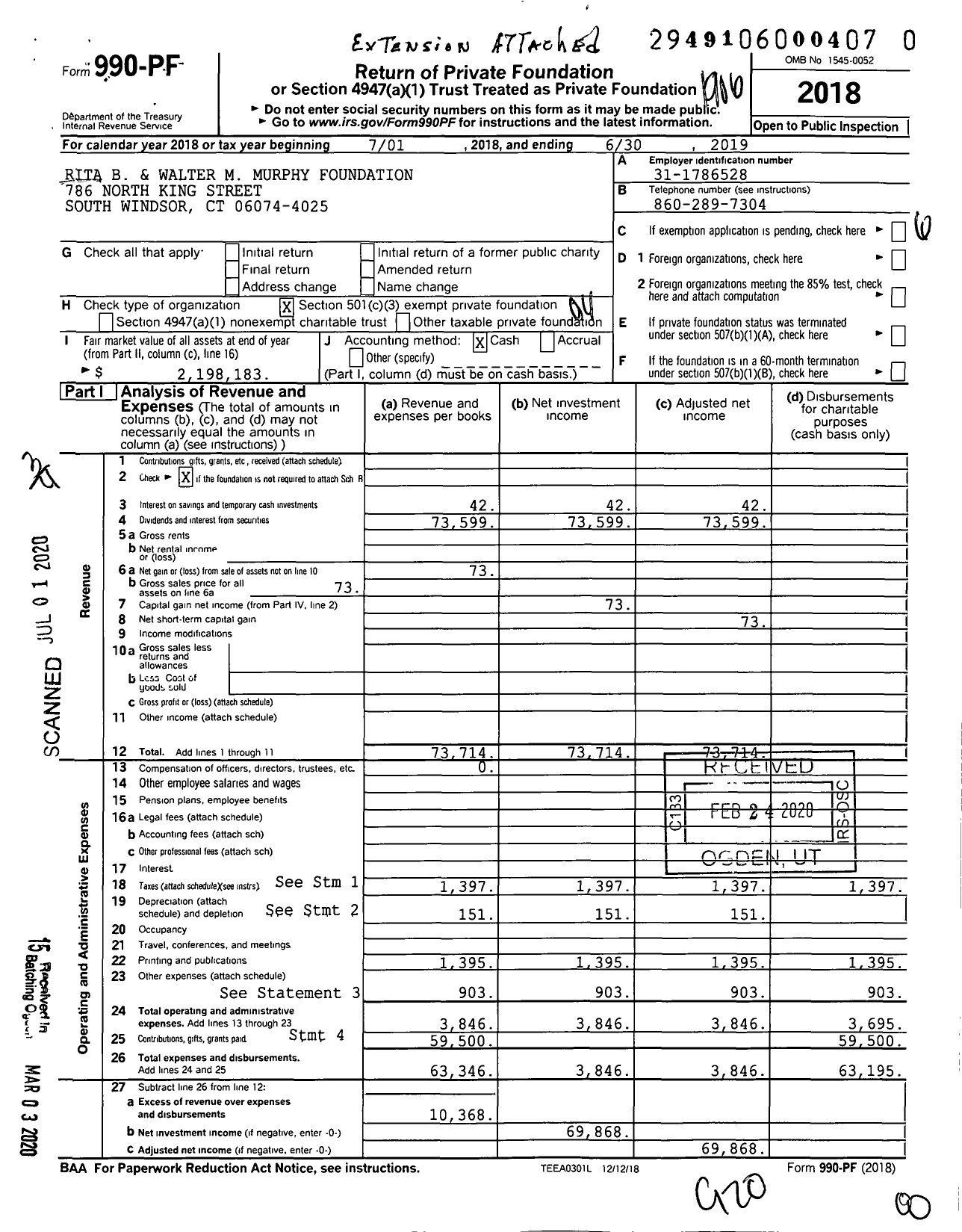 Image of first page of 2018 Form 990PR for Rita B and Walter M Murphy Foundation