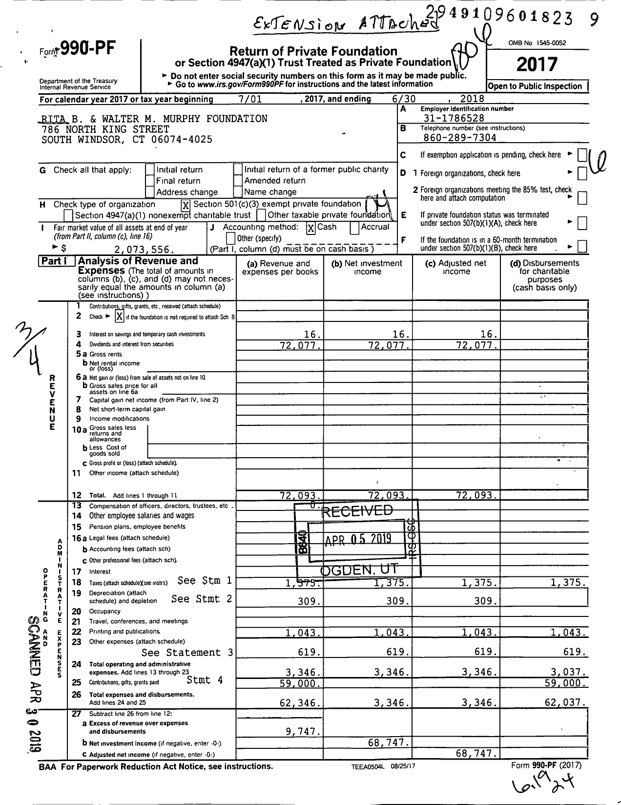 Image of first page of 2017 Form 990PF for Rita B and Walter M Murphy Foundation