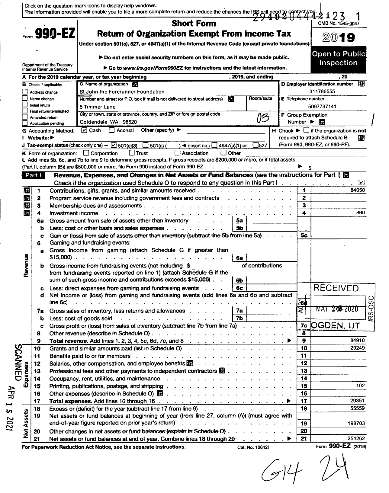 Image of first page of 2019 Form 990EZ for St John the Forerunner Foundation