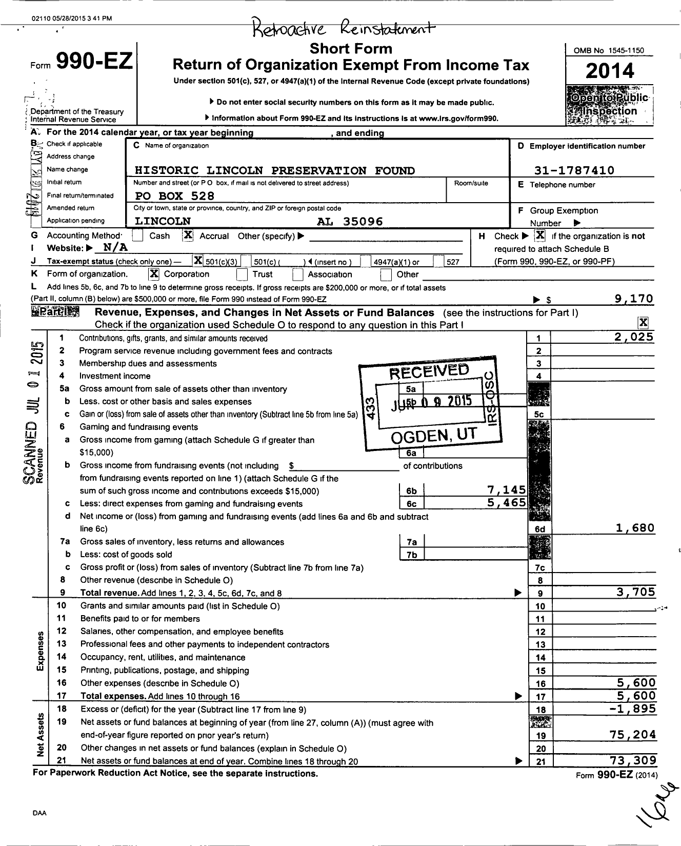 Image of first page of 2014 Form 990EZ for Historic Lincoln Preservation Found