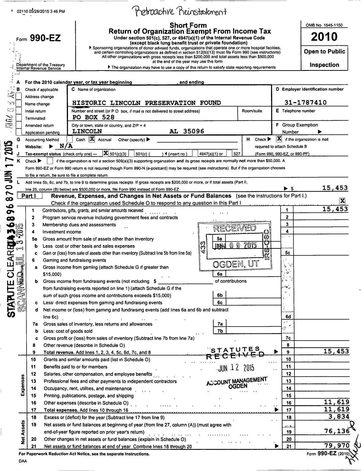 Image of first page of 2010 Form 990EZ for Historic Lincoln Preservation Found