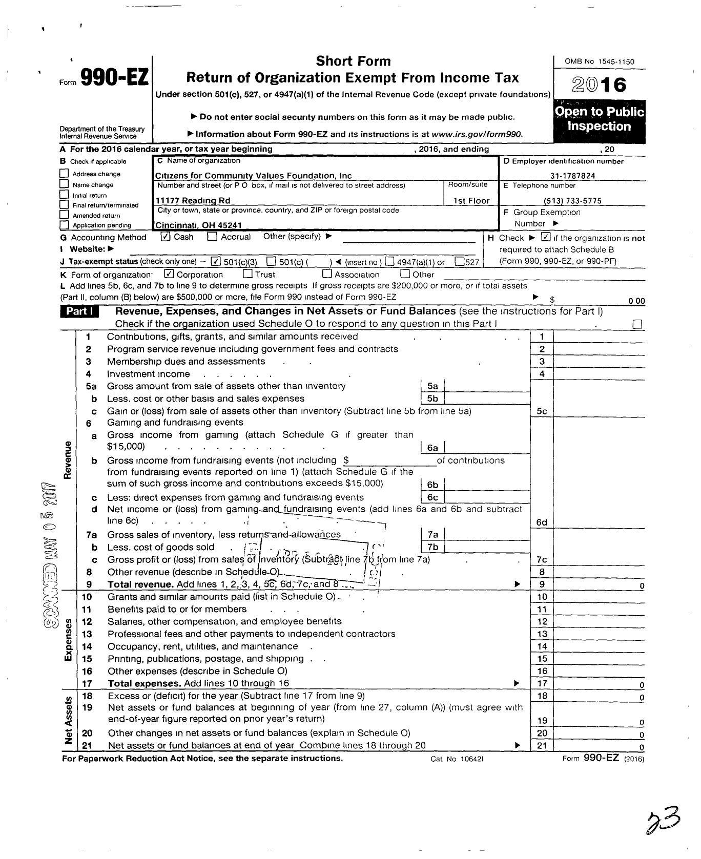 Image of first page of 2016 Form 990EZ for Ohio Christian Education Network Scholarship Granting Organization