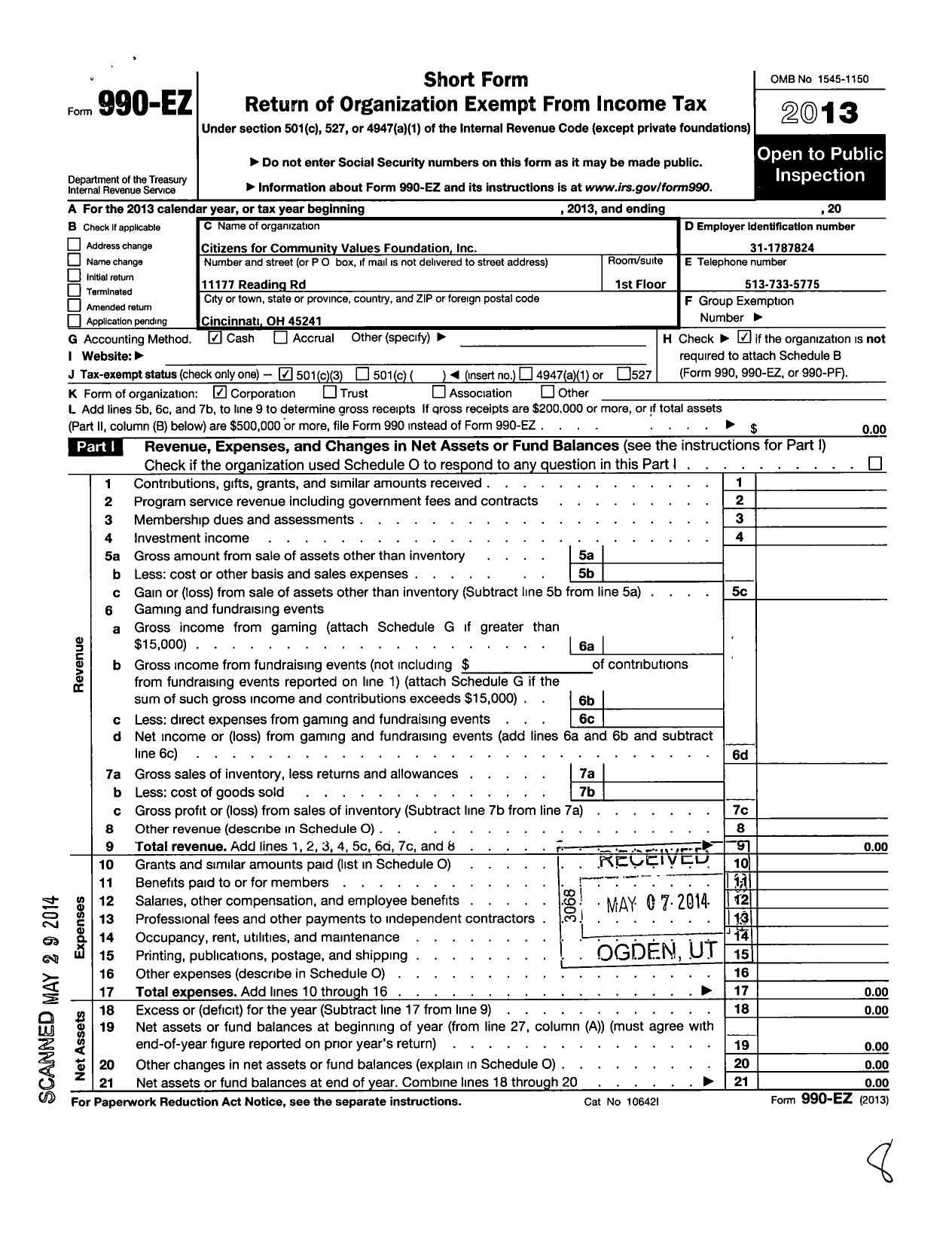 Image of first page of 2013 Form 990EZ for Ohio Christian Education Network Scholarship Granting Organization