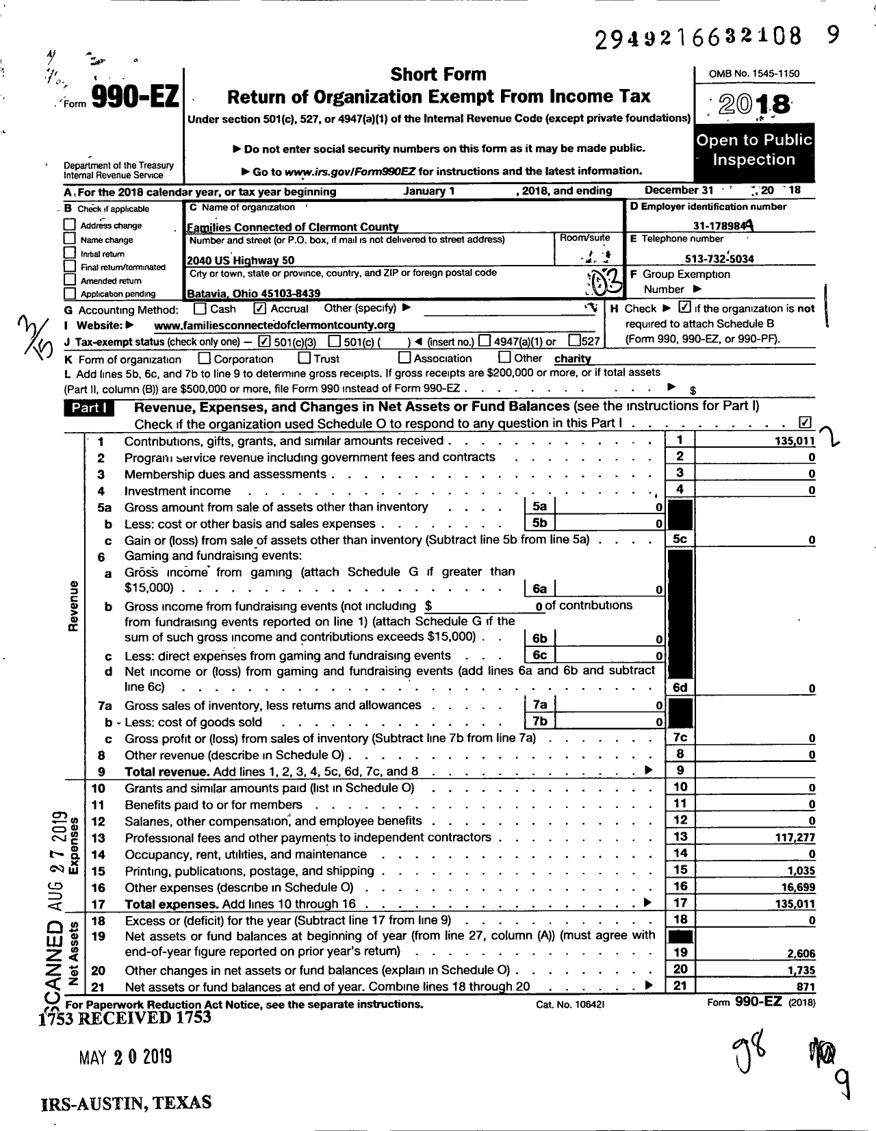 Image of first page of 2018 Form 990EZ for Families Connected of Clermont County