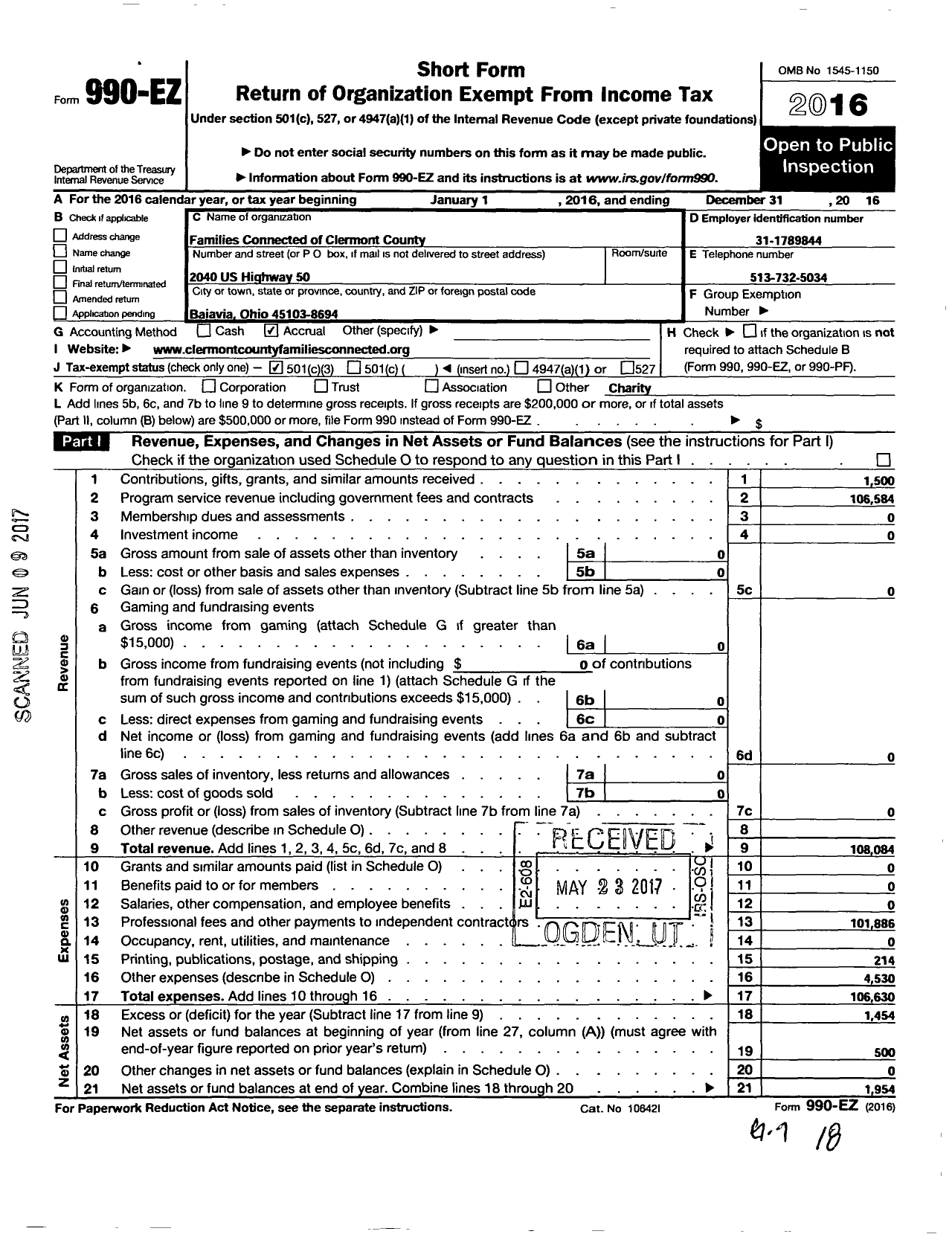 Image of first page of 2016 Form 990EZ for Families Connected of Clermont County