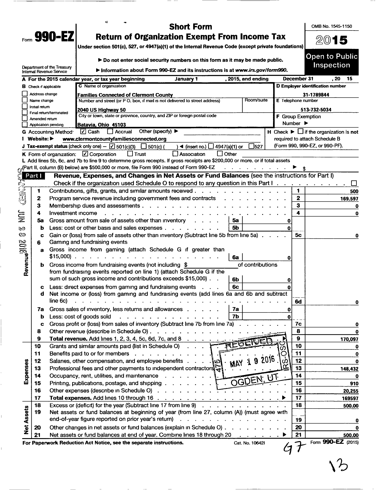 Image of first page of 2015 Form 990EZ for Families Connected of Clermont County