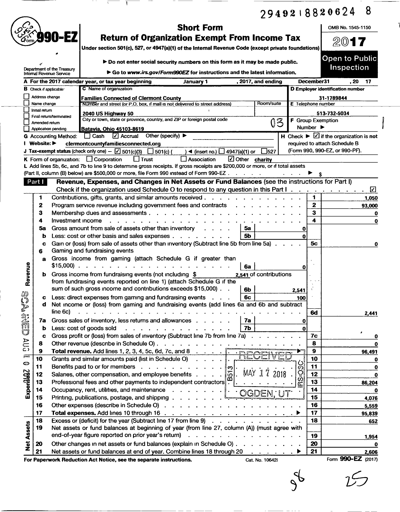 Image of first page of 2017 Form 990EZ for Families Connected of Clermont County