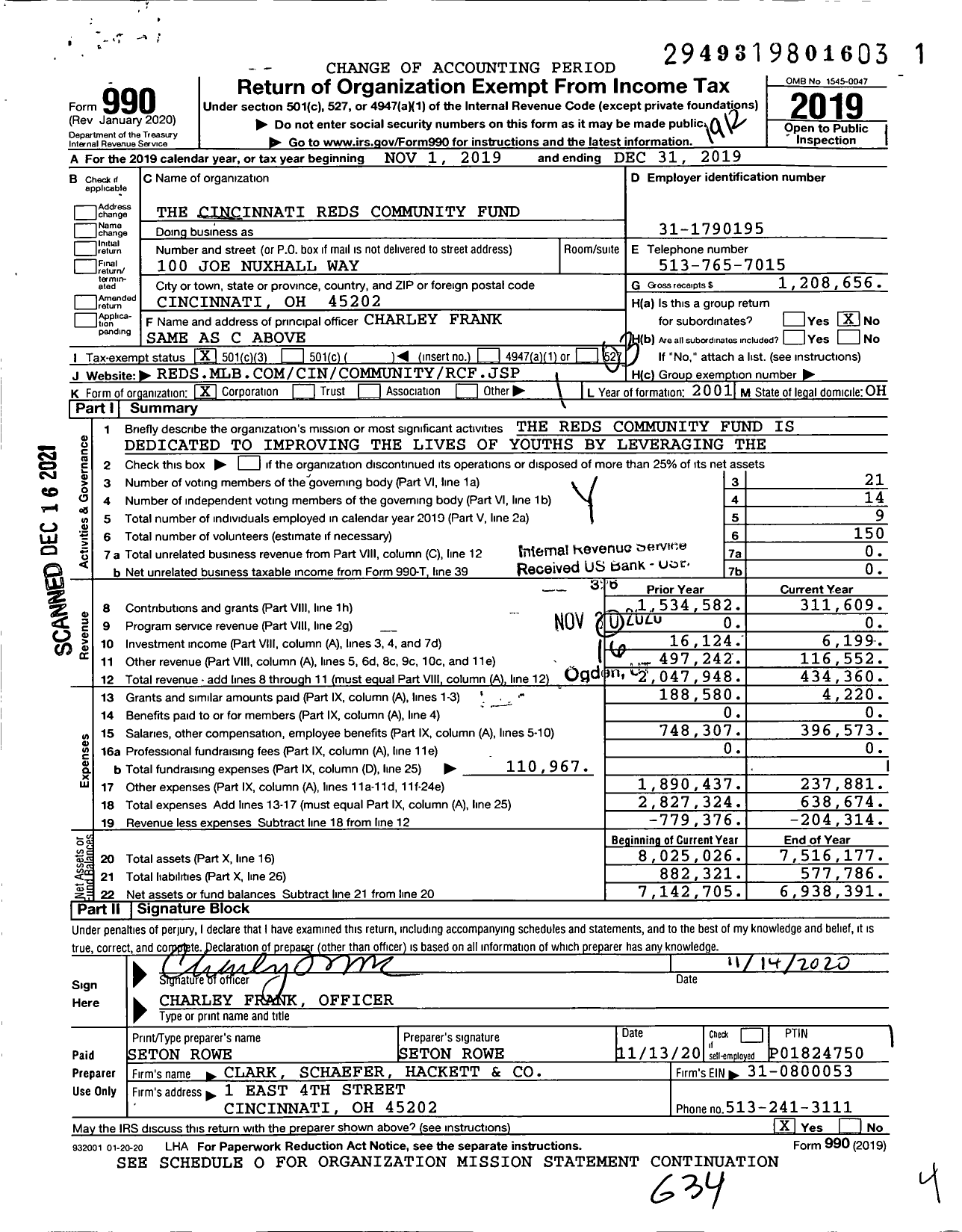 Image of first page of 2019 Form 990 for The Cincinnati Reds Community Fund