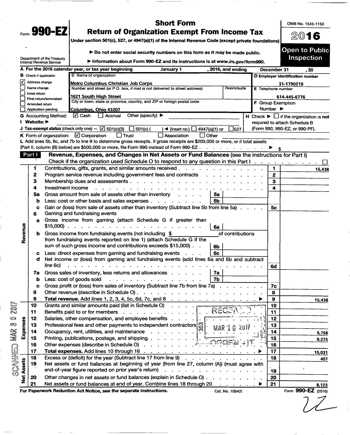 Image of first page of 2016 Form 990EZ for Metro Columbus Christian Job Corps