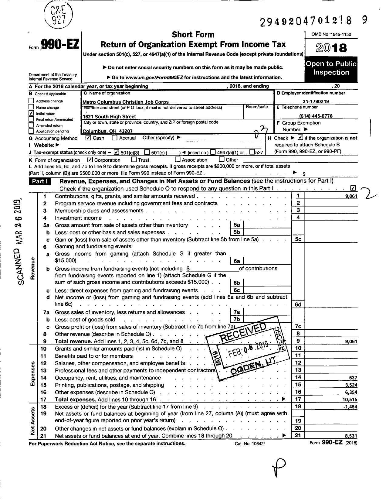 Image of first page of 2018 Form 990EZ for Metro Columbus Christian Job Corps