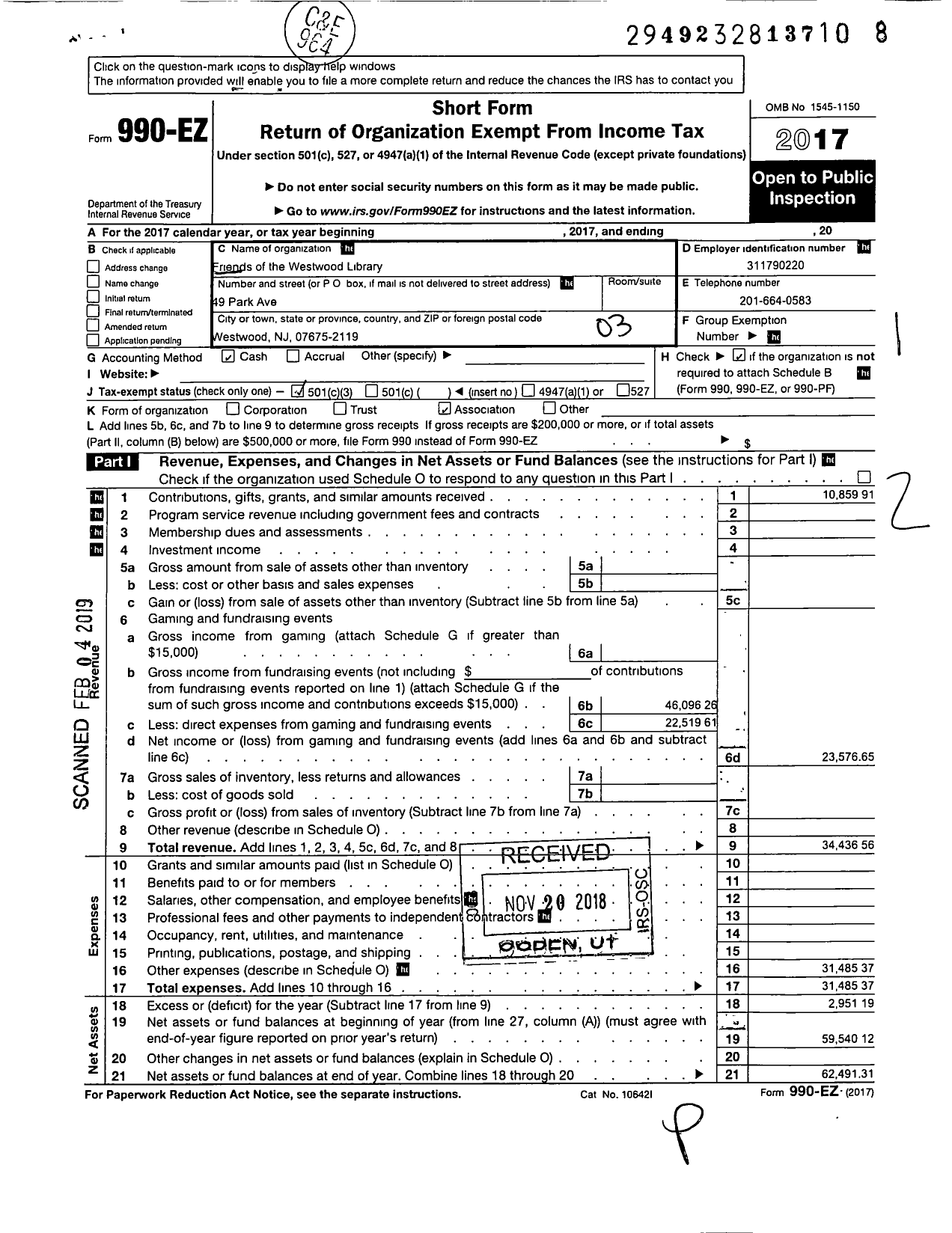 Image of first page of 2017 Form 990EZ for Friend of the Westwood Library