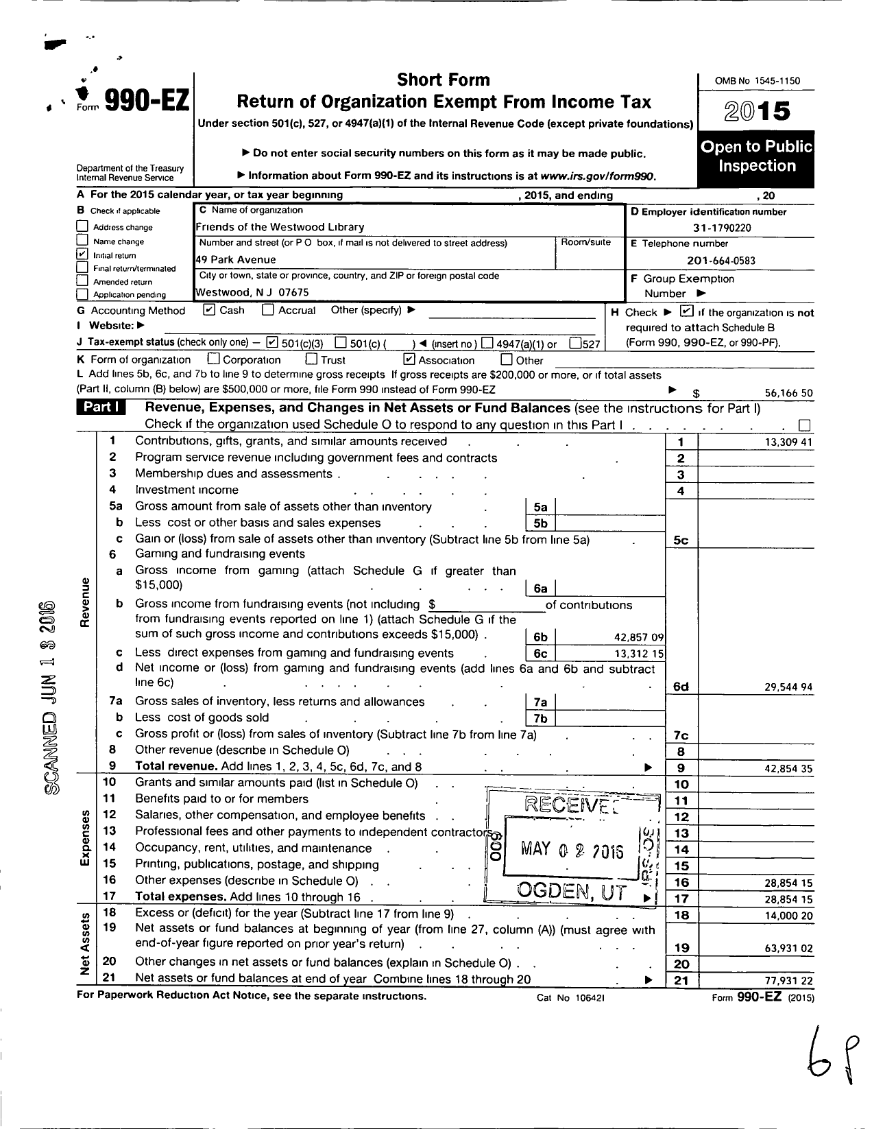 Image of first page of 2015 Form 990EZ for Friend of the Westwood Library