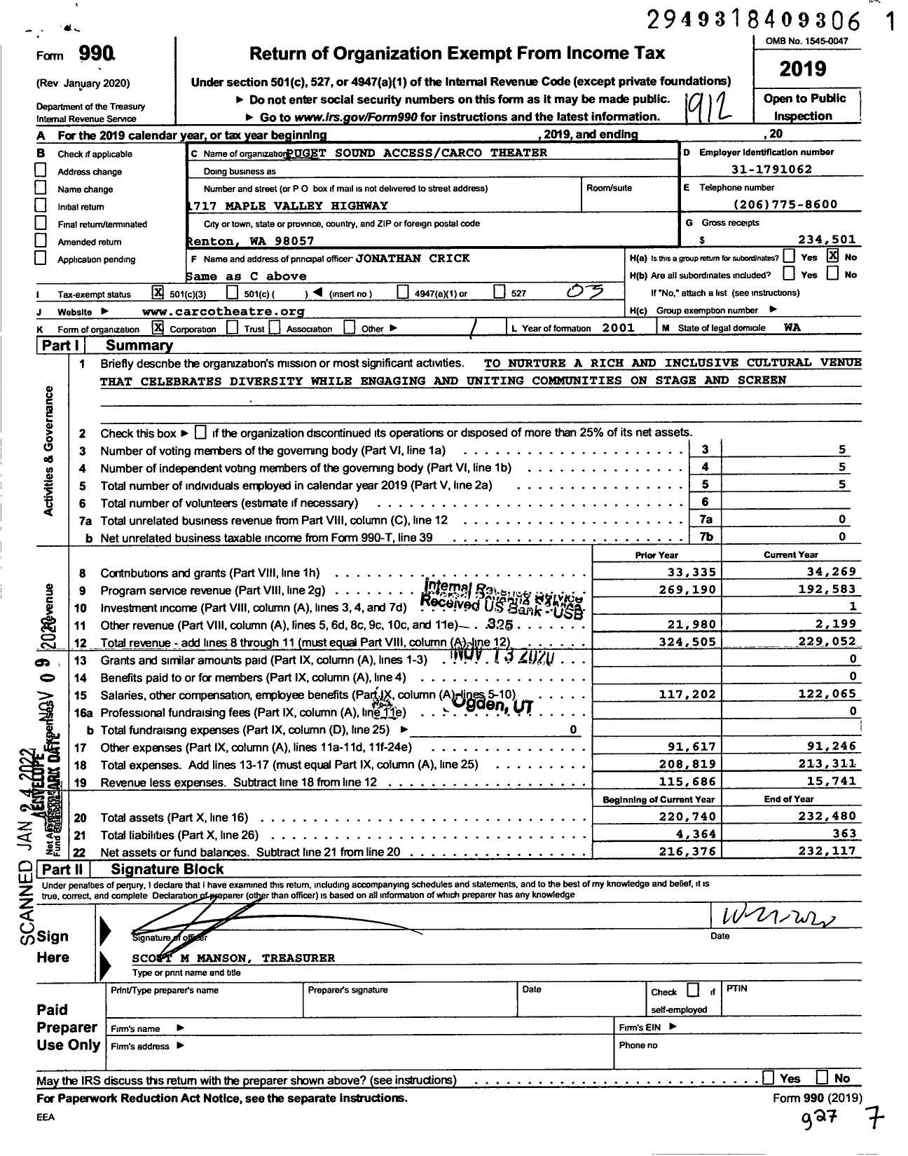 Image of first page of 2019 Form 990 for Puget Sound Accesscarco Theater