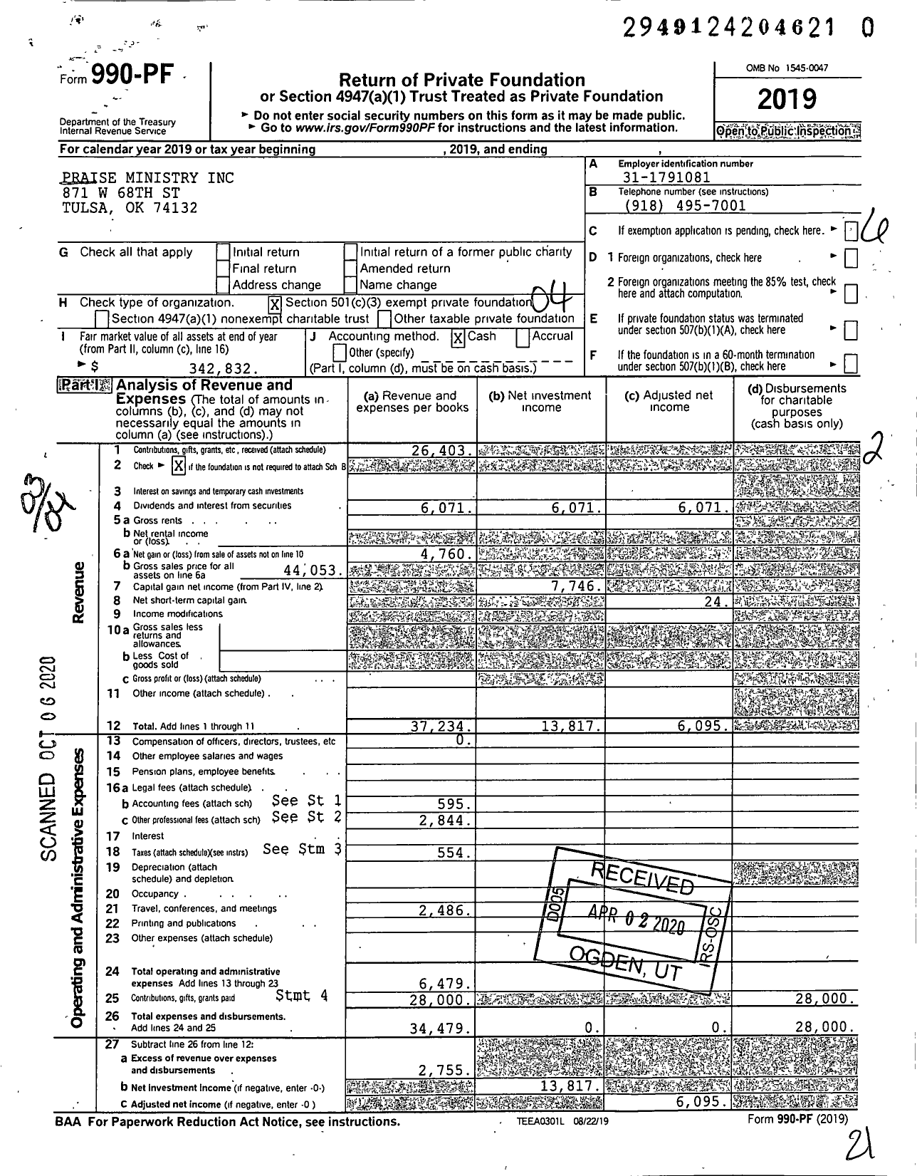 Image of first page of 2019 Form 990PR for Praise Ministry