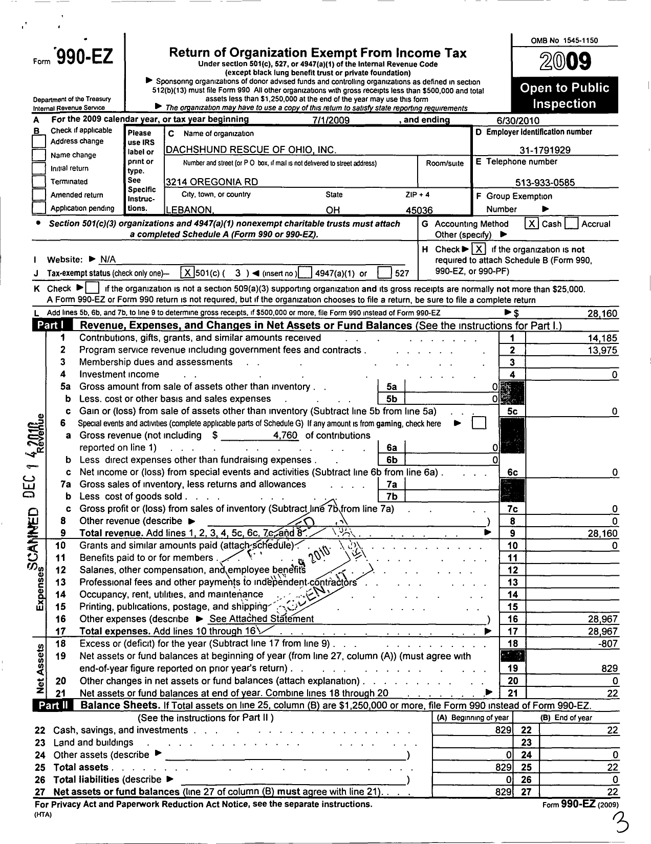 Image of first page of 2009 Form 990EZ for Dachshund Rescue of Ohio