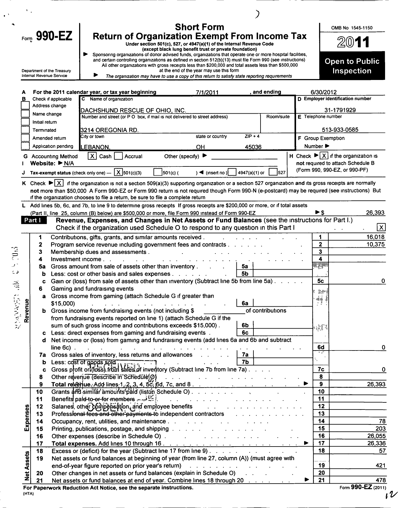 Image of first page of 2011 Form 990EZ for Dachshund Rescue of Ohio