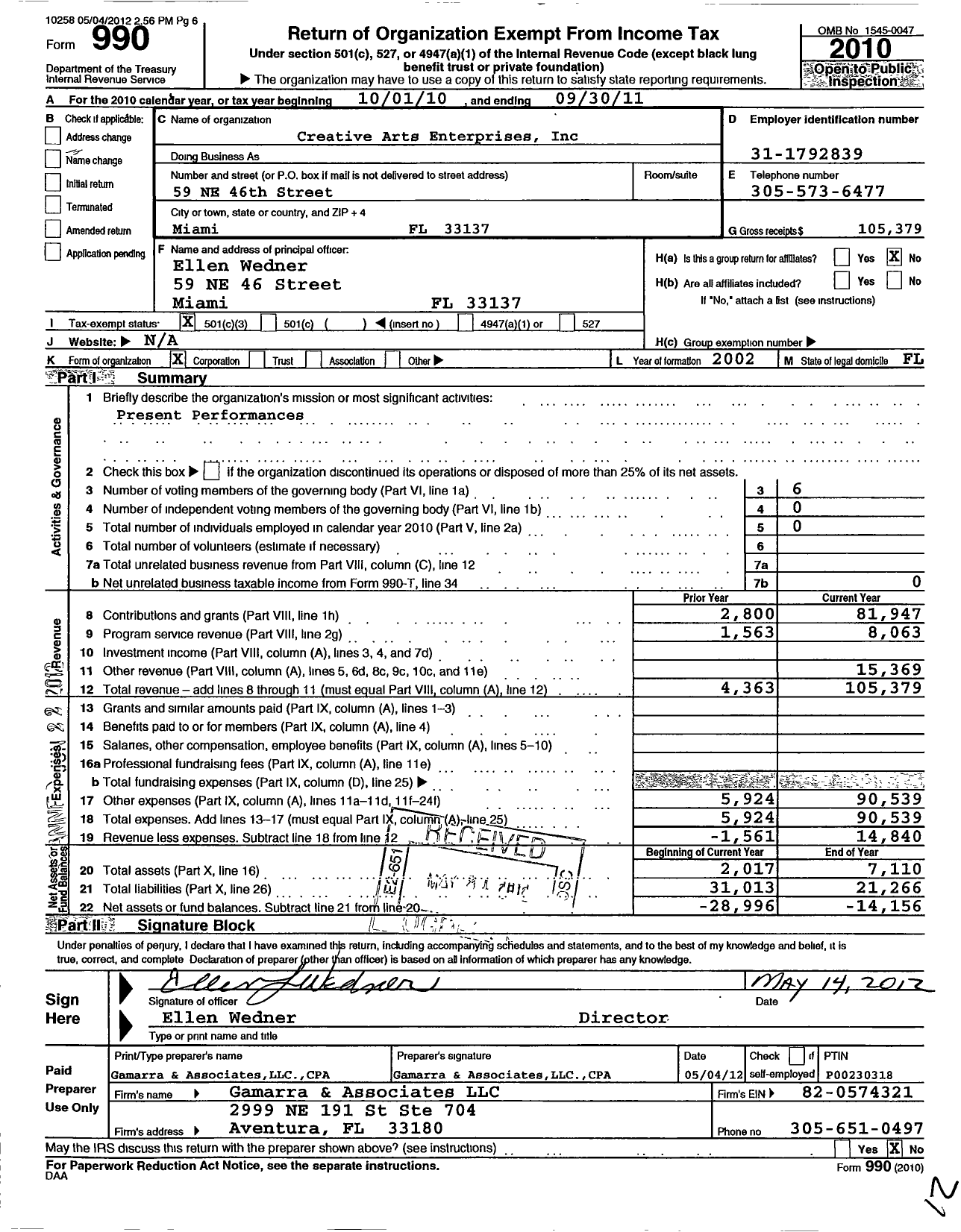 Image of first page of 2010 Form 990 for Creative Arts Enterprise