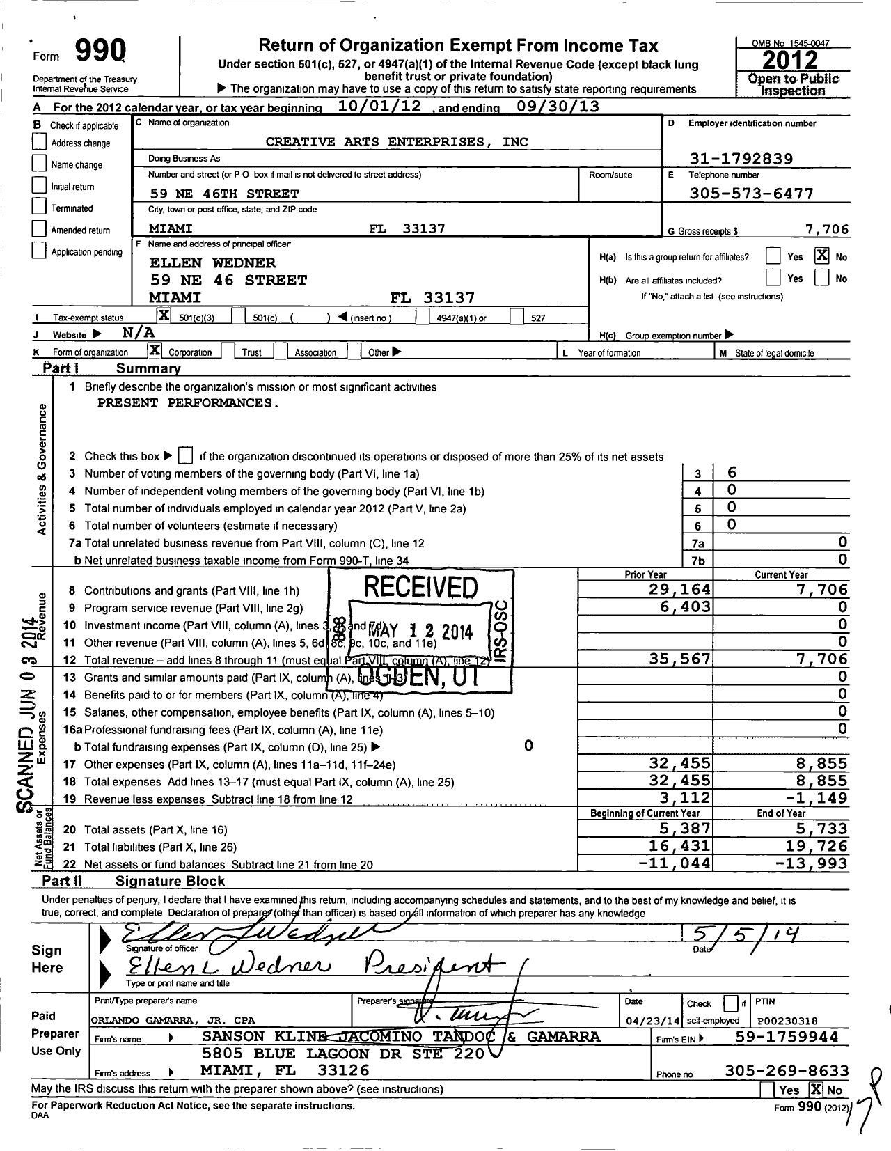 Image of first page of 2012 Form 990 for Creative Arts Enterprise