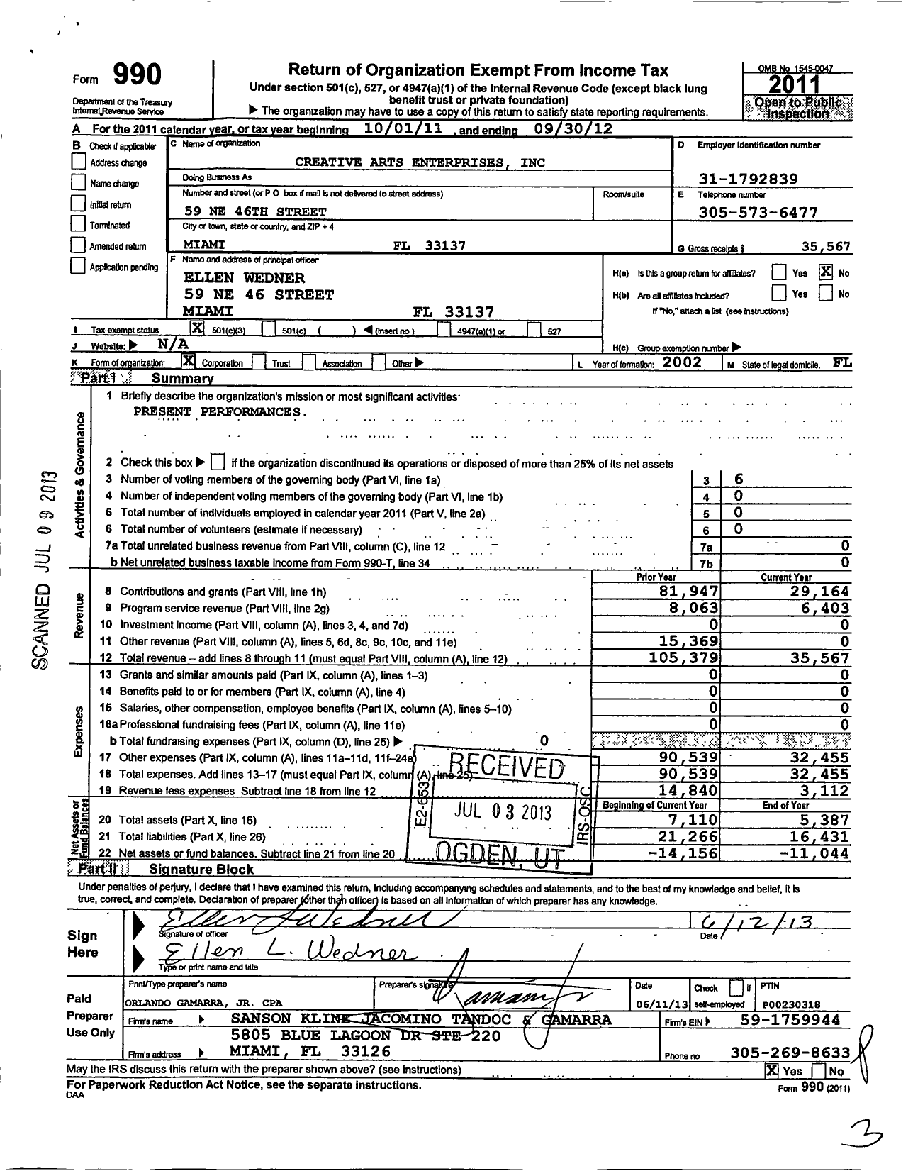 Image of first page of 2011 Form 990 for Creative Arts Enterprise