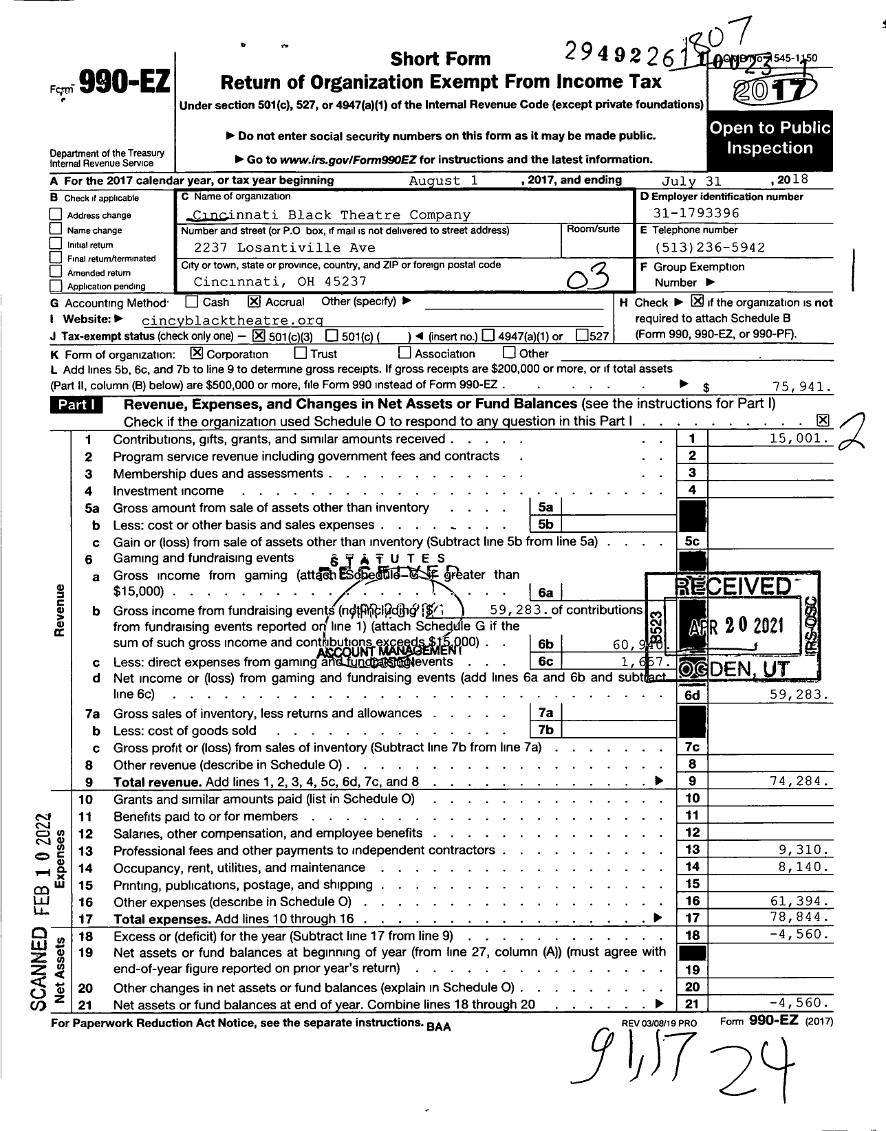 Image of first page of 2017 Form 990EZ for Cincinnati Black Theatre Company